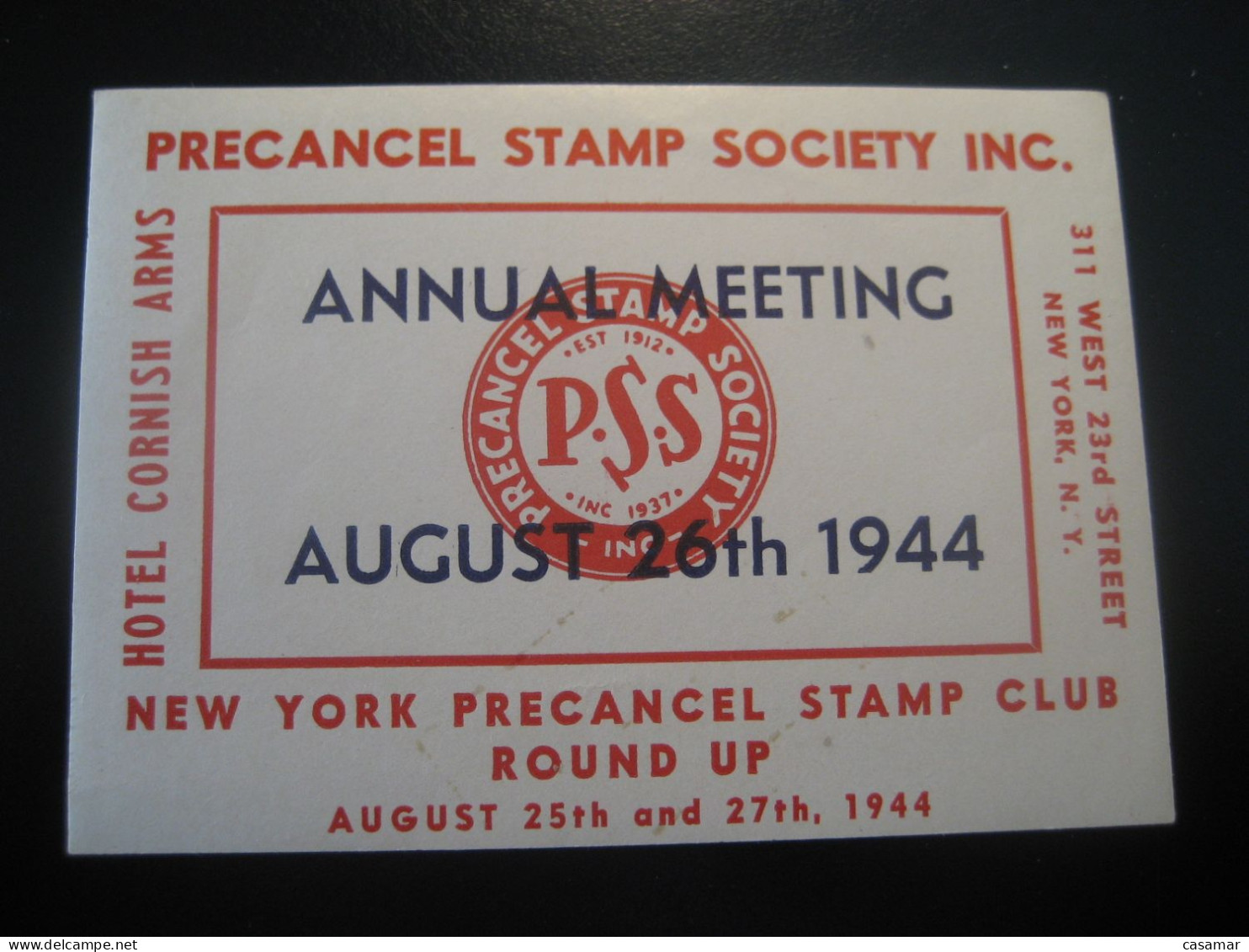 NEW YORK 1944 Hotel Cornish Arms Precancel Society Annual Meeting Poster Stamp Vignette USA Label - Autres & Non Classés