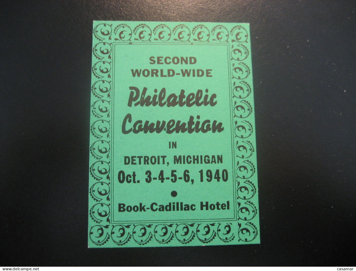 DETROIT Michigan 1940 Book-Cadillac Hotel Philatelic Convention Poster Stamp Vignette USA Label - Sonstige & Ohne Zuordnung