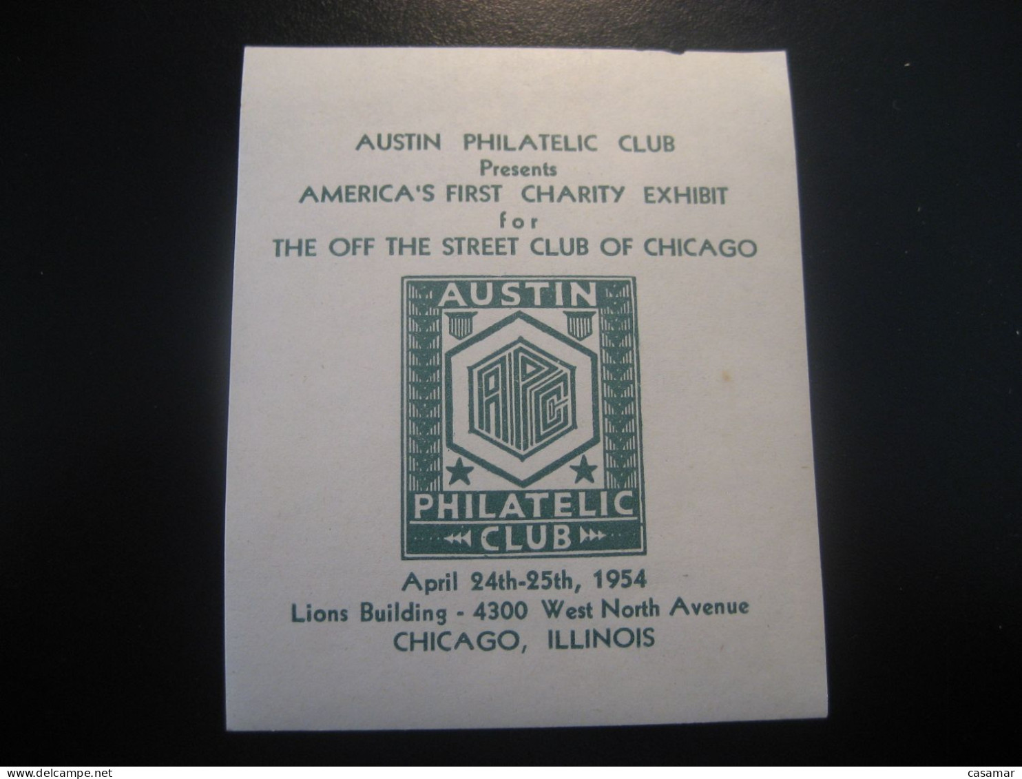 CHICAGO Illinois 1954 Austin Philatelic Club Lions Building Poster Stamp Vignette USA Label - Sonstige & Ohne Zuordnung