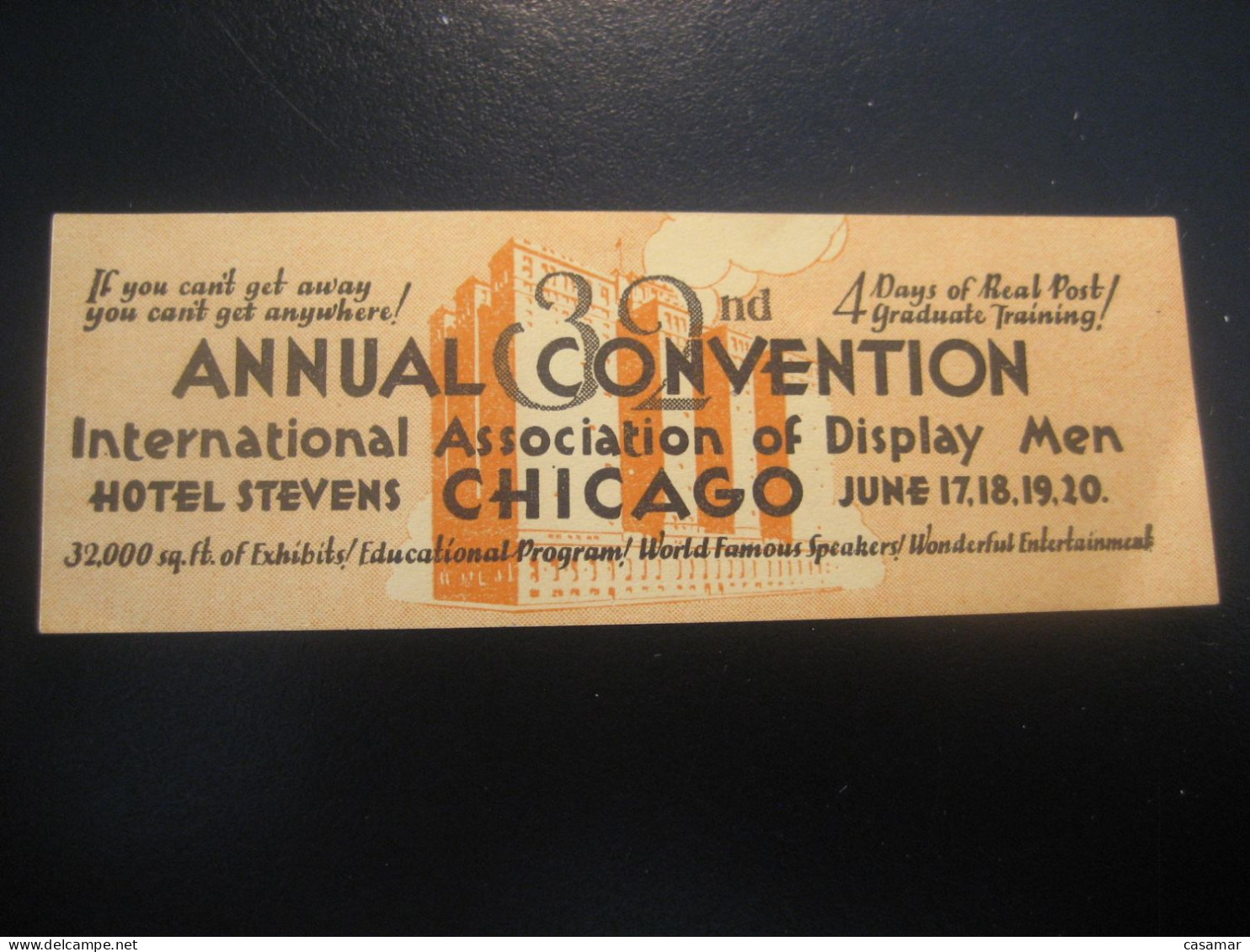 CHICAGO Hotel Stevens 32 Annual Convention Display Men Poster Stamp Vignette USA Label - Andere & Zonder Classificatie