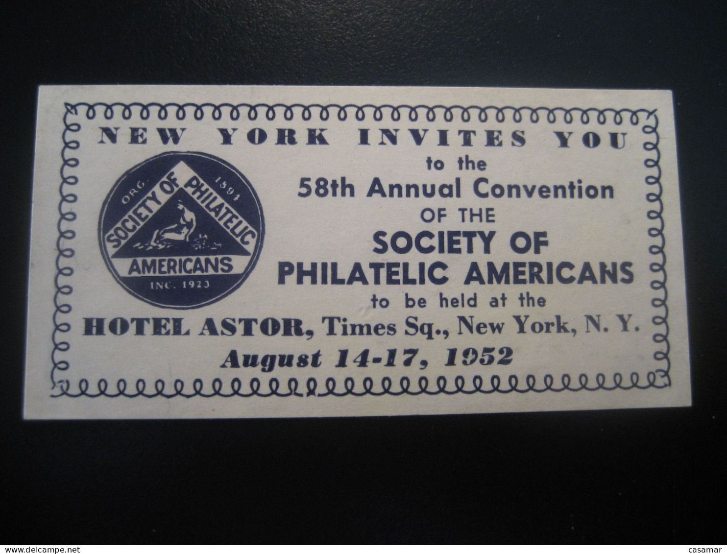 NEW YORK 1952 Hotel Astor Convention Poster Stamp Vignette USA Label - Otros & Sin Clasificación