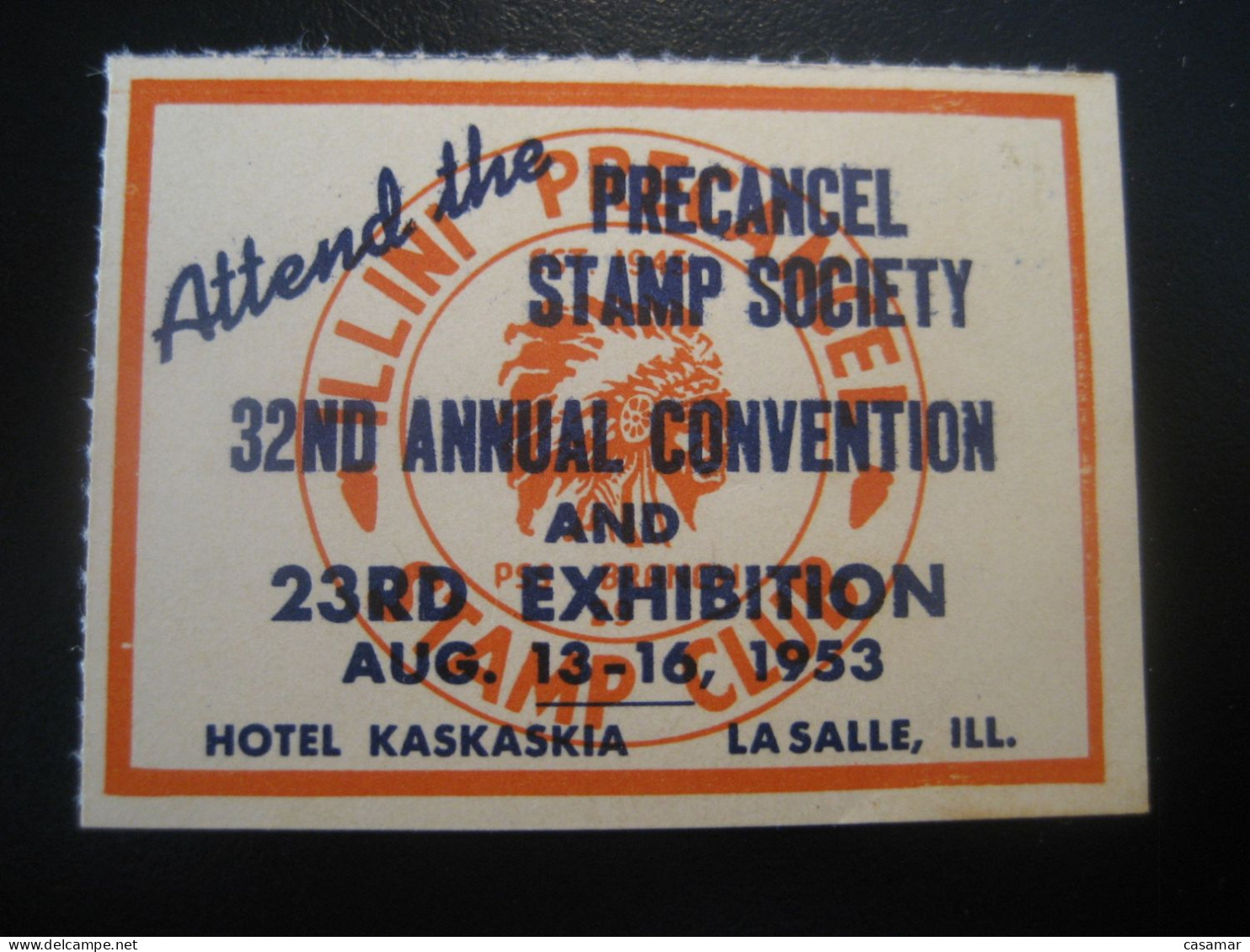 LA SALLE Illinois 1953 Hotel Kaskaskia Precancel Convention Poster Stamp Vignette USA Label - Altri & Non Classificati