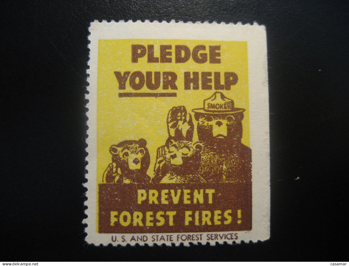 Prevent Forest Fires Fire Fireman Firemen Bear Poster Stamp Vignette USA Label - Brandweer
