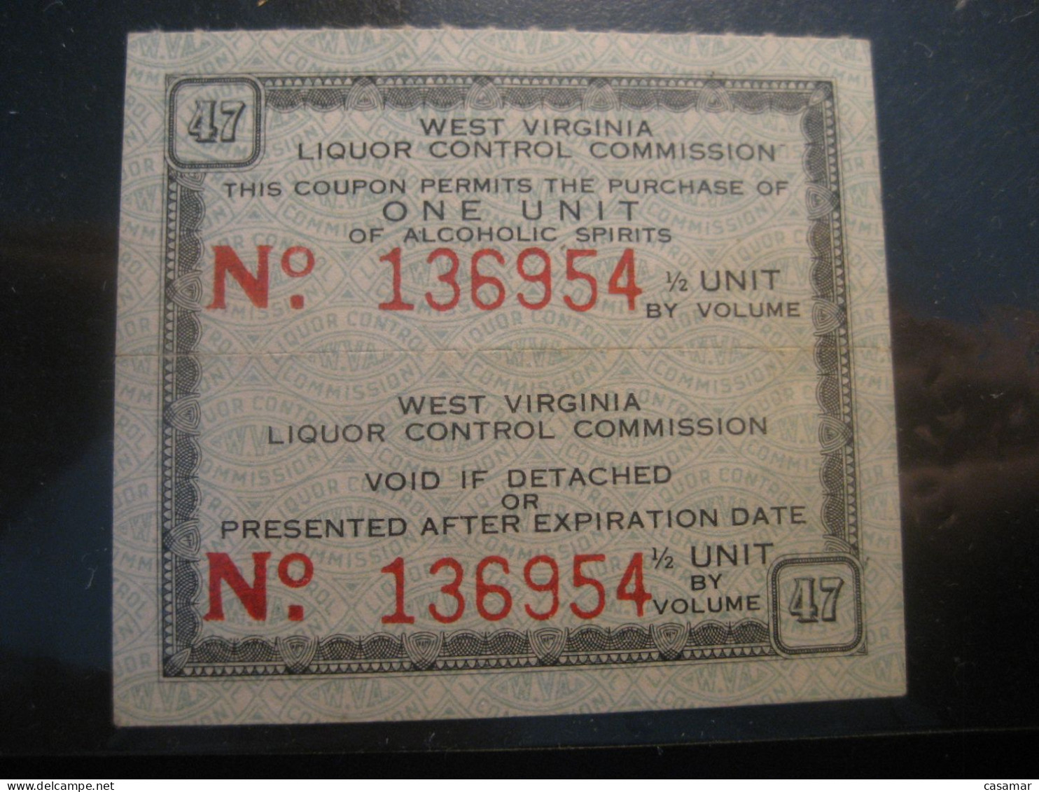 WEST VIRGINIA Liquor Control Commission Alcoholic Spirits Alcohol Drinks Tax Coupon Poster Stamp Vignette USA Label - Wijn & Sterke Drank