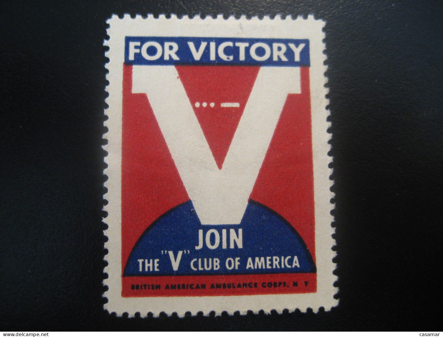 V For Victory Join The V Club Of America WW2 WWII Military War Poster Stamp Vignette USA Label - WW2