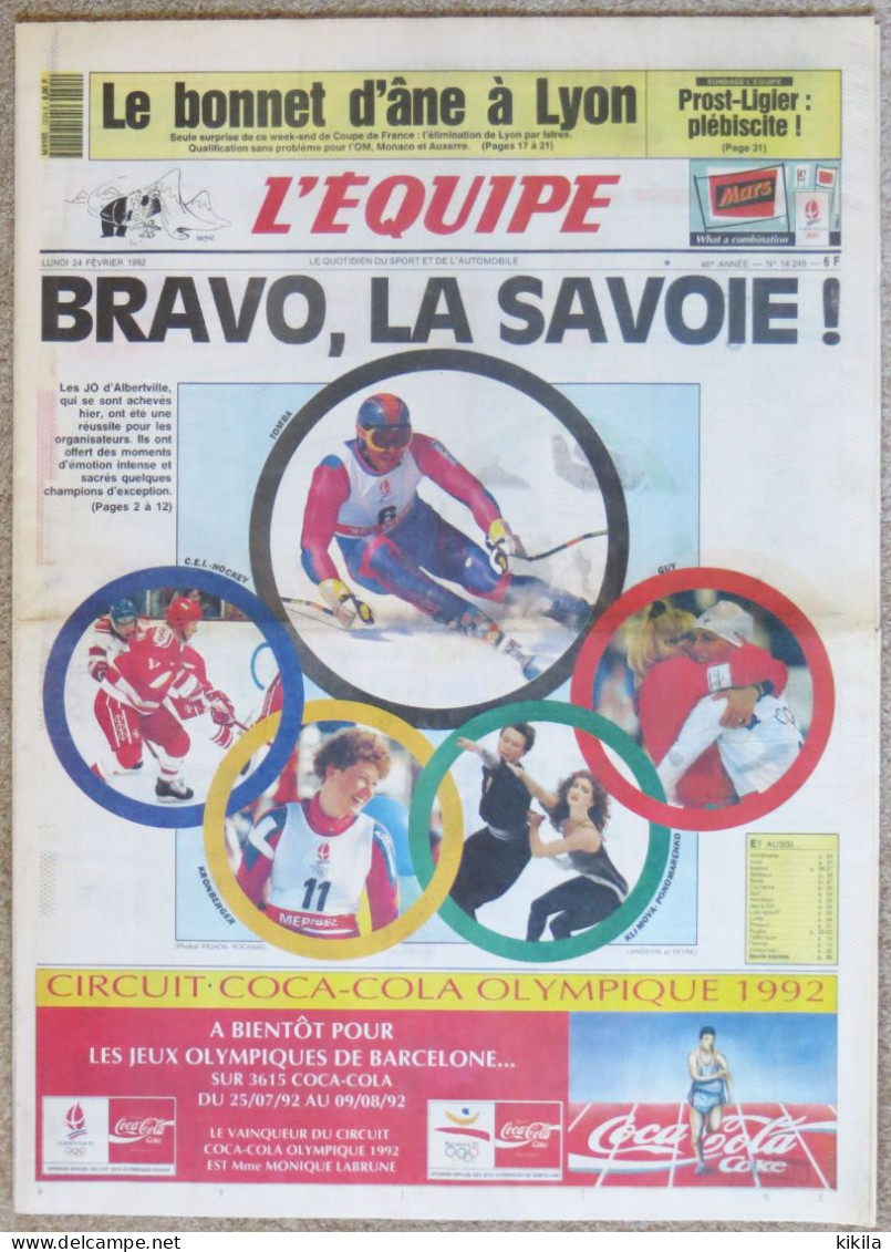 L'EQUIPE Du 24 Février 1992 Les Jeux Olympiques D'Hiver D'Albertville Se Sont Terminés Hier  Alain Prost Avec Ligier* - 1950 - Today
