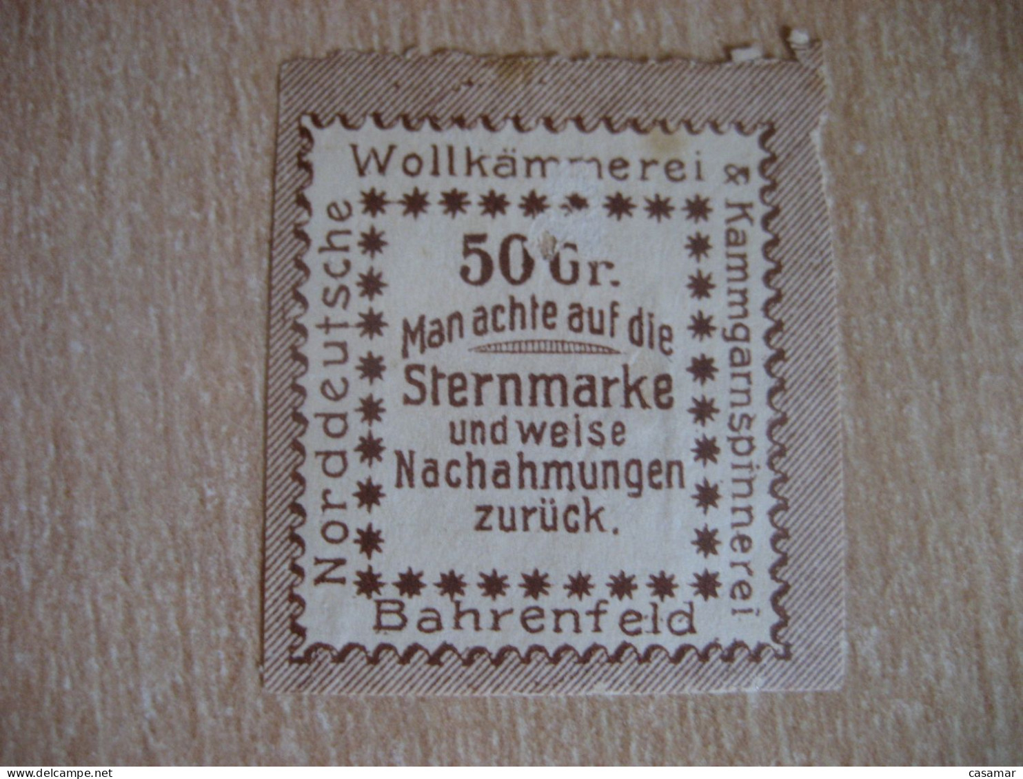 BAHRENFELD North German Wool Combing Worsted Spinning 50 Gr. Sternmarke Label Vignette Local Private Stamp GERMANY - Other & Unclassified