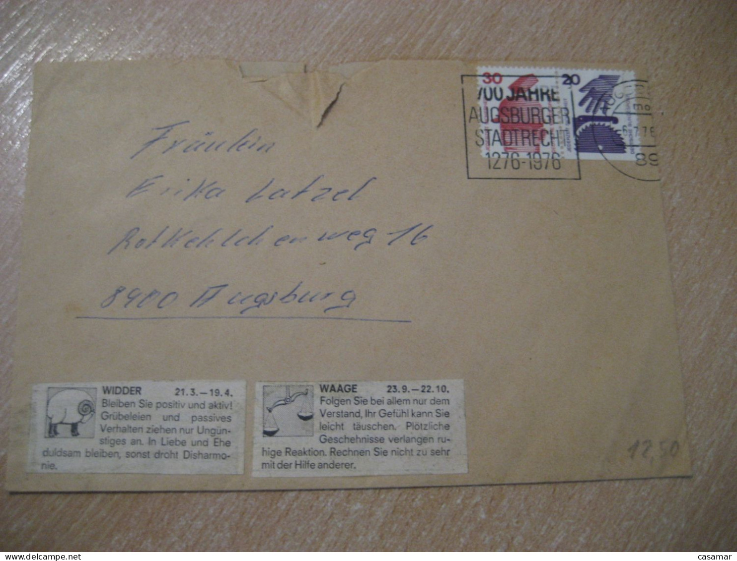 AUGSBURG 1976 700 Jahre Cancel Zodiac Slight Damaged Cover GERMANY - Briefe U. Dokumente