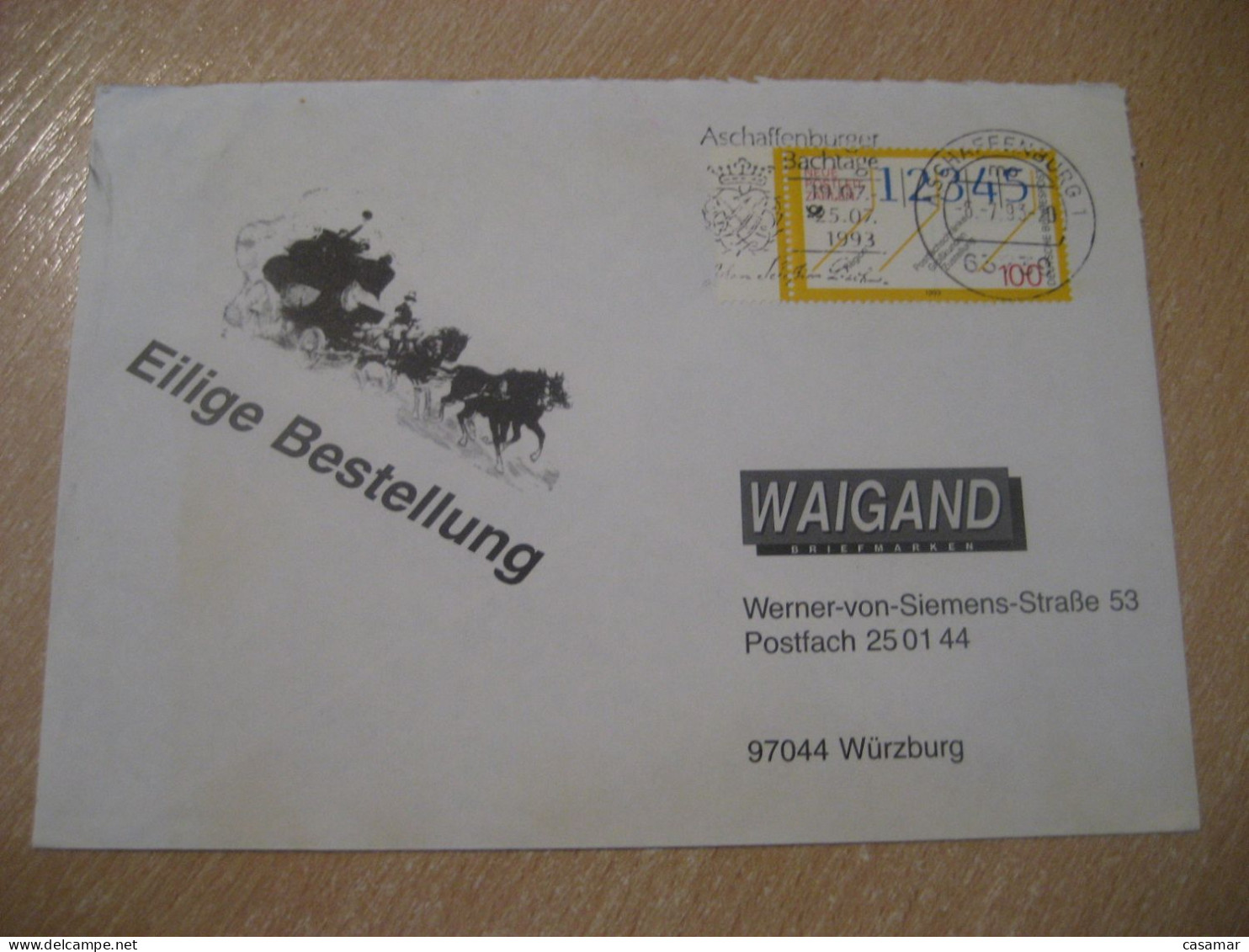 ASCHAFFENBURG 1993 To Wurzburg Bachtage Cancel Stage Coach Stagecoach Cover GERMANY - Lettres & Documents