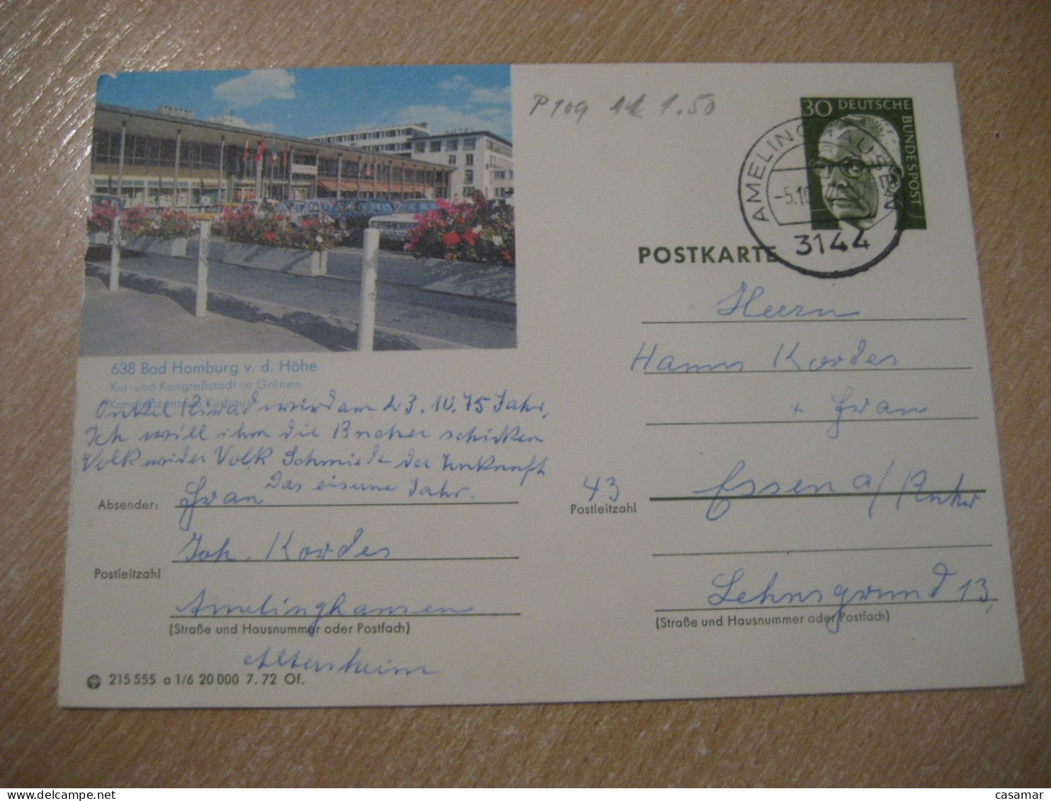 AMELINGHAUSEN 1972 To Essen Cancel BAD HOMBURG V. D. HOHE Postal Stationery Card GERMANY - Covers & Documents