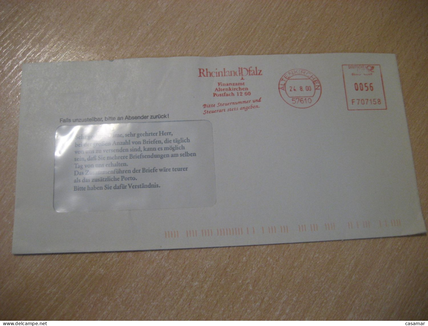 ALTENKIRCHEN 2000 Rheinlandpfalz Meter Mail Cancel Cover GERMANY - Covers & Documents