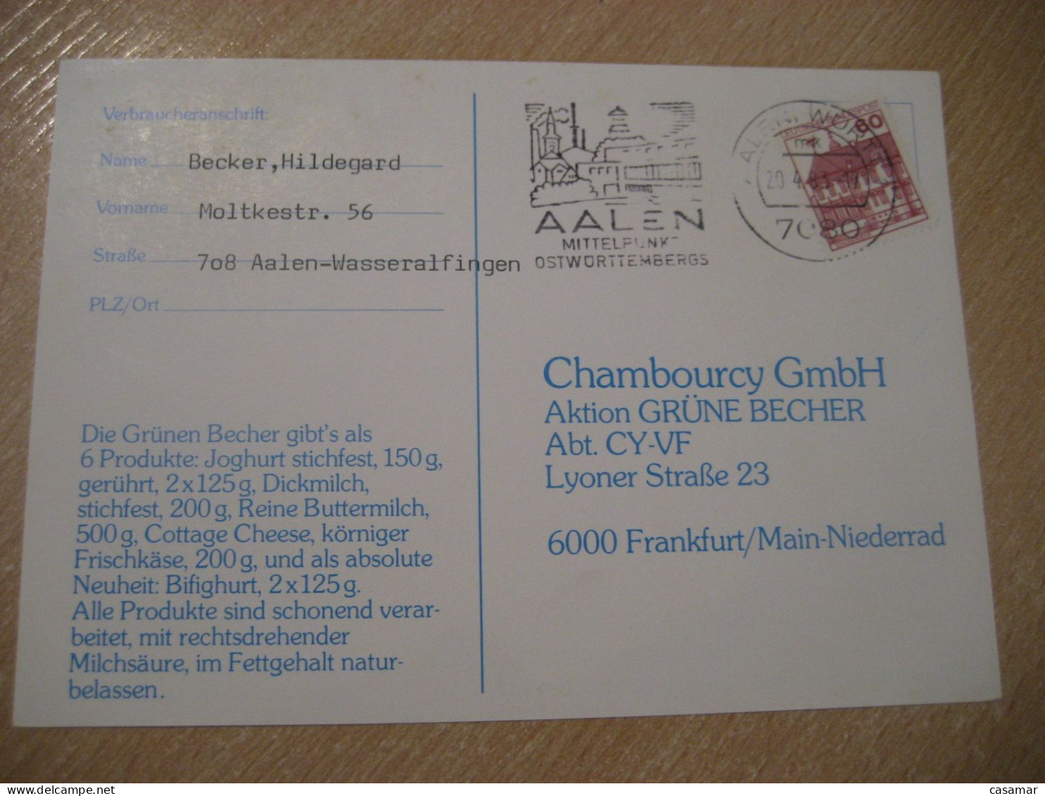 AALEN 1983 To Frankfurt Cancel Card GERMANY - Briefe U. Dokumente