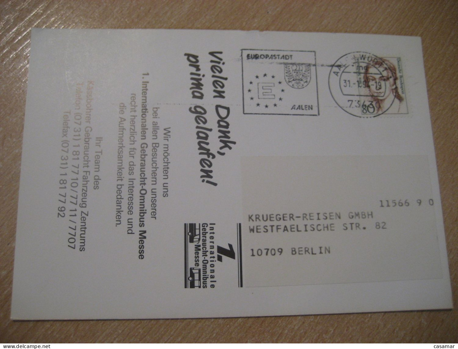 AALEN 1994 To Berlin Europeism Cancel Card GERMANY - Lettres & Documents