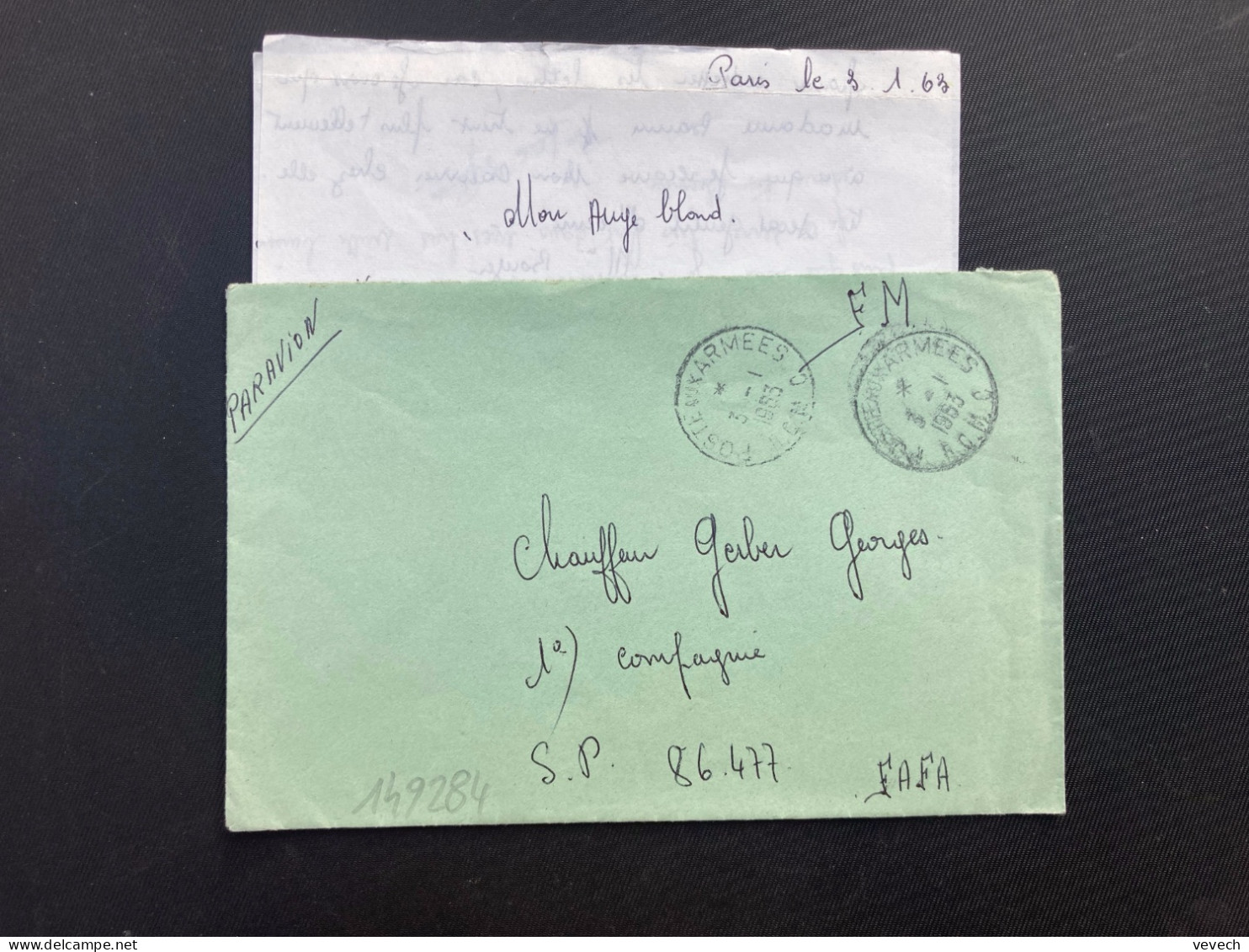 LETTRE En FM Par Avion OBL.3-1 1953 POSTE AUX ARMEES B.C.M.C. Pour Chauffeur GERBER Georges SP 86 477 FAFA - Cachets Militaires A Partir De 1900 (hors Guerres)