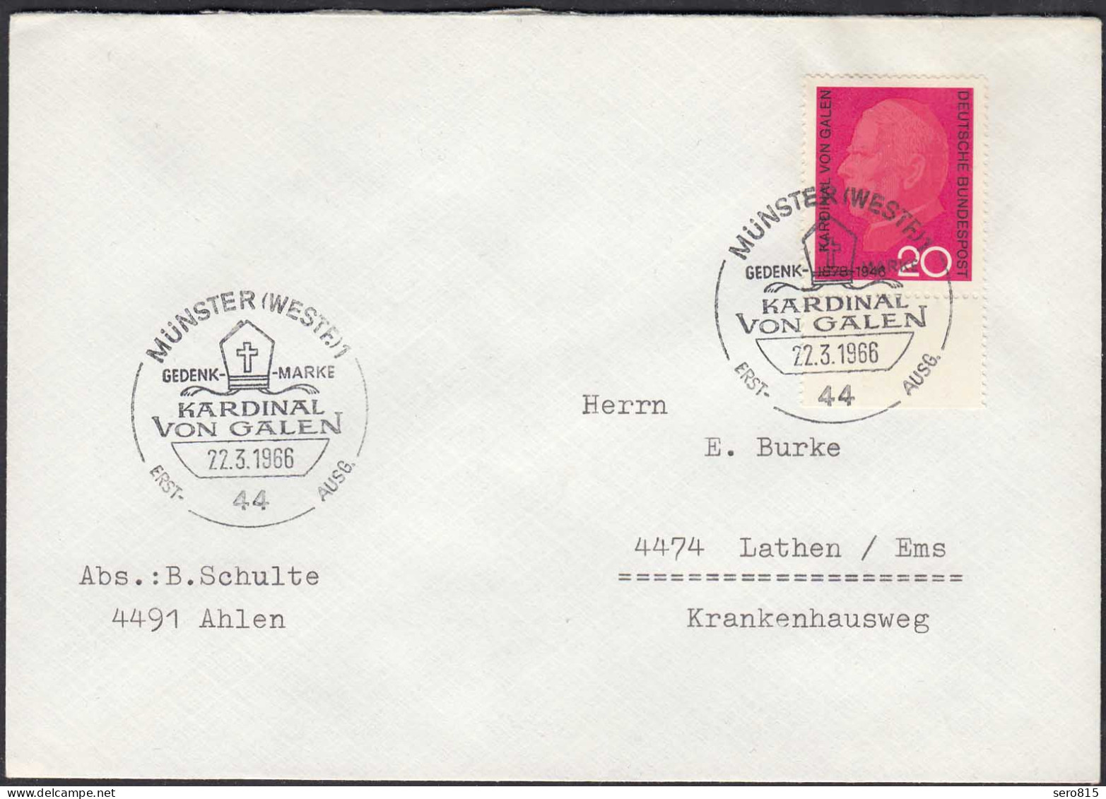 Münster Westfalen  22.3.1966 Ersttag FDC Kardinal Von Galen   (87129 - Sonstige & Ohne Zuordnung