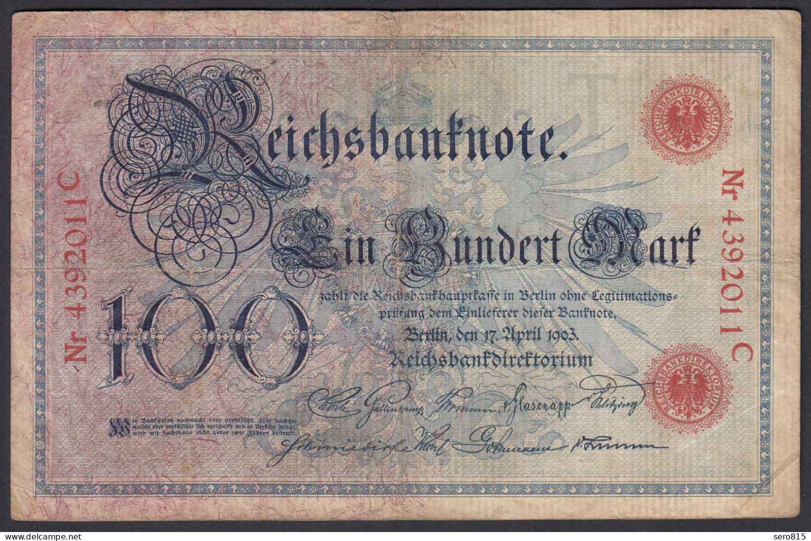 Reichsbanknote 100 Mark 1903 UDR T Serie C Ro 20 Pick 22 F (4)     (28278 - Andere & Zonder Classificatie