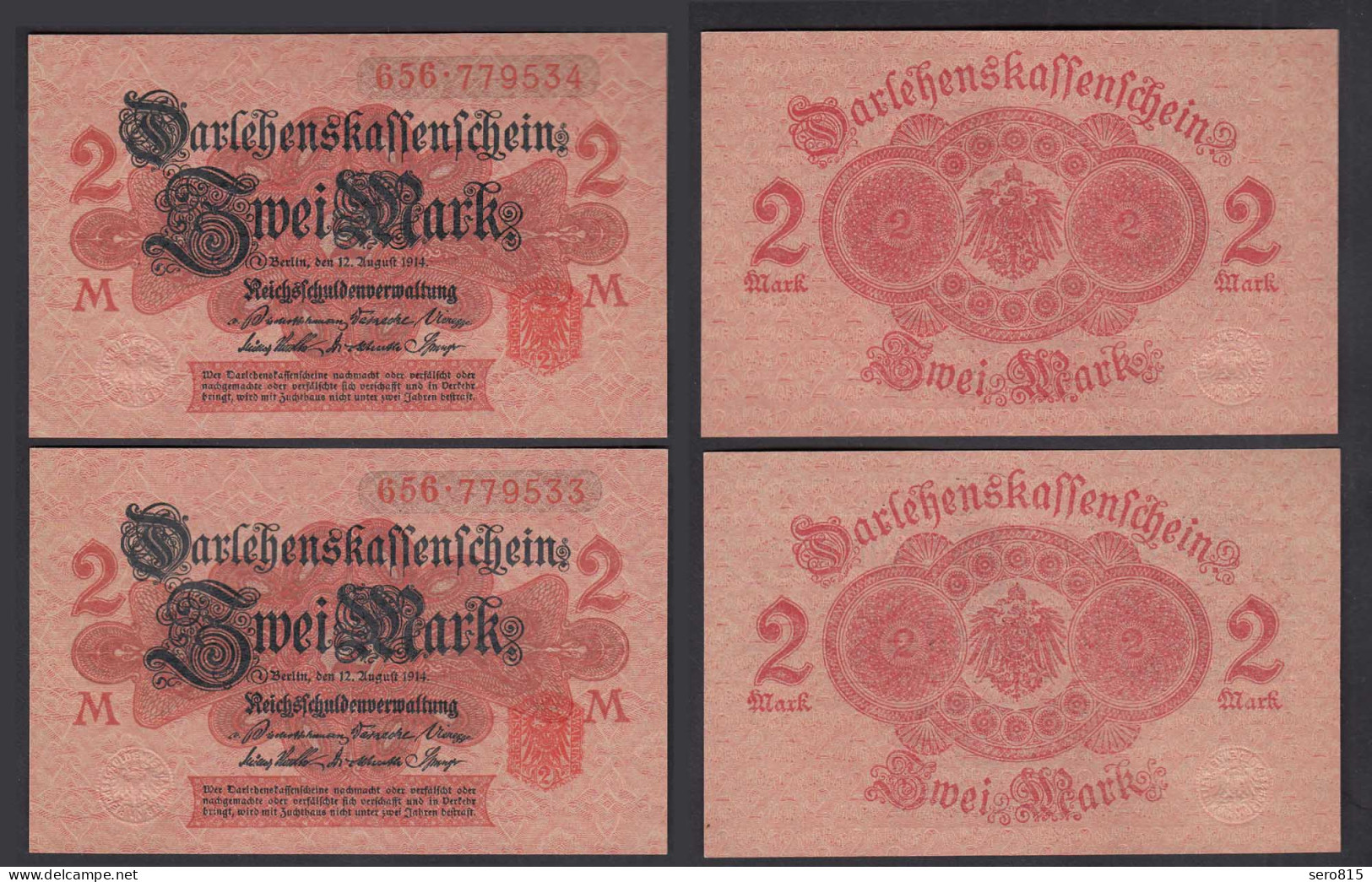 Darlehnskassenschein 2 Stück á 2 MARK 1914 Ro 52c  AUNC (1-) Nummern In Folge - Other & Unclassified