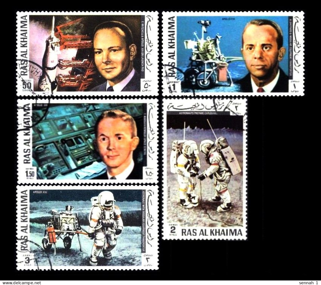 Ras Al Khaima: 'Apollo-14 In Space – Lunar Landing – Astronauts On The Moon, 1972', Mi. 701-705A; Yv. 64+PA.71 Oo - Asien