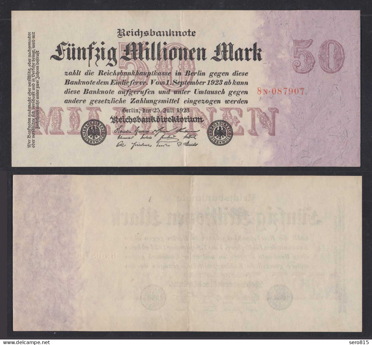 Ro 97b 50 Millionen Mark 1923 Pick 98b FZ: N BZ: 8 W 6-stellig VF (3)   (30121 - Sonstige & Ohne Zuordnung