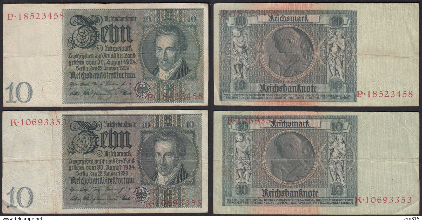2 Stück Ros 173a 10 Reichsmark 1929 Pick UDR S + B Serie P + K - F/VF   (30366 - Sonstige & Ohne Zuordnung