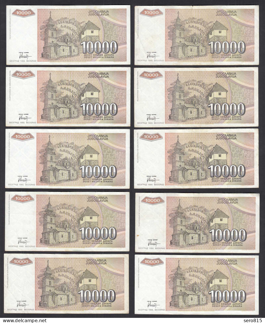 Jugoslawien - Yugoslavia 10 Stück á 10000 10.000 Dinara 1993 Pick 129 VF-VF+ (3) - Yugoslavia