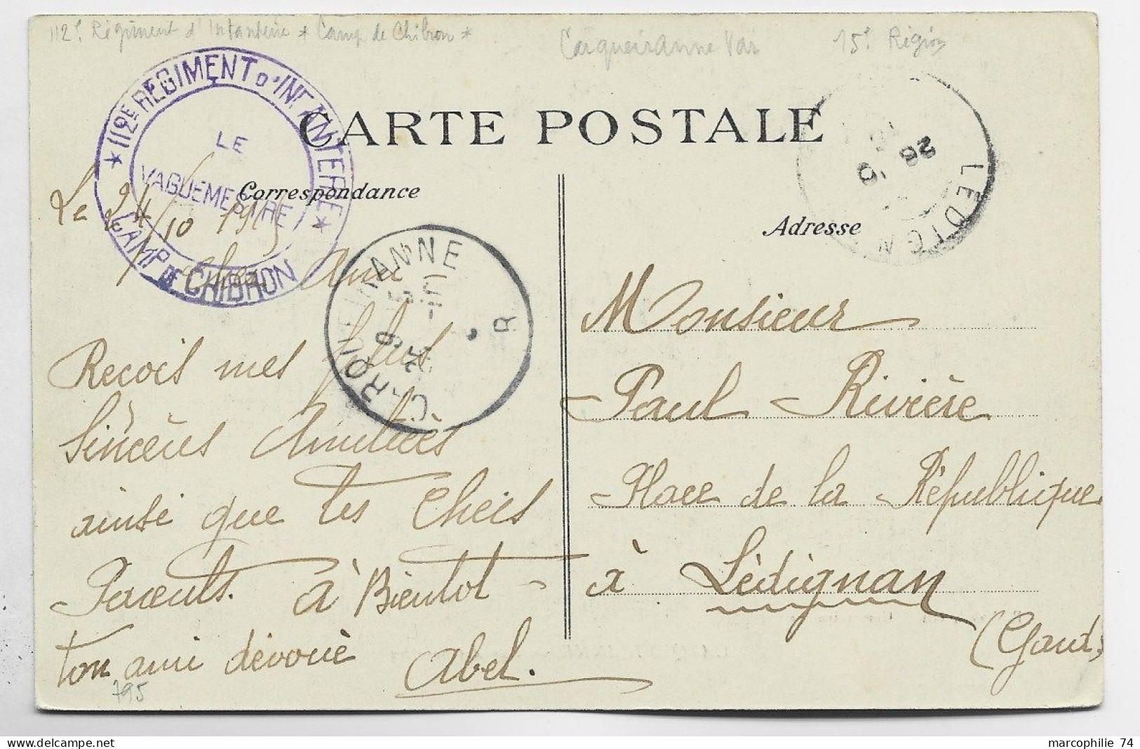 VAR CARTE CARQUEIRANNE + CACHET VIOLET 112E REGIMENT D'INFANTERIE CAMP DE CHIBRON 1916 - Guerre De 1914-18