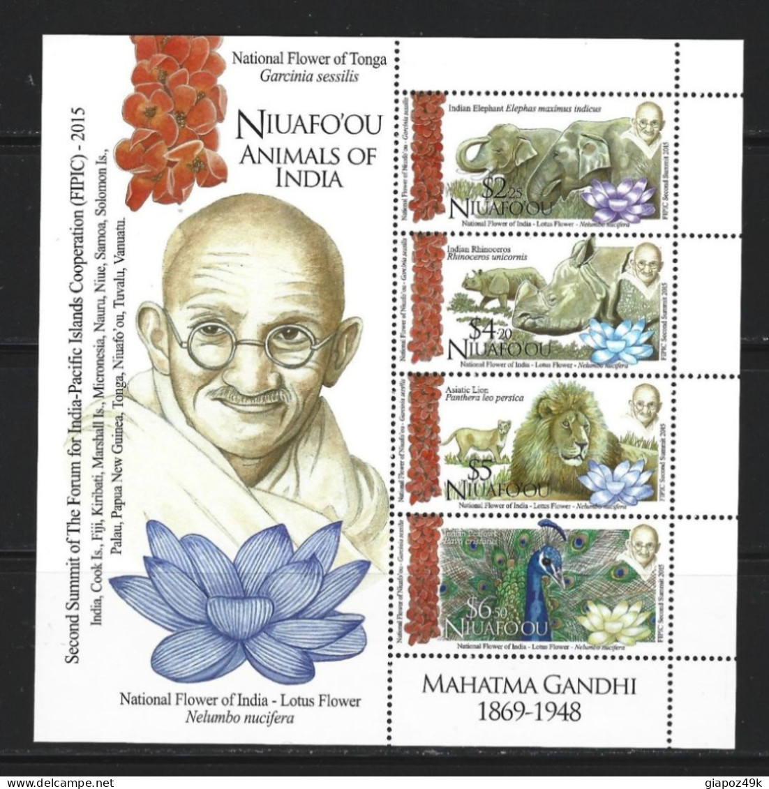 ● TONGA 2015 NIUAFO'OU ֍ National Flower Of India Gandhi ֍ Elefante ● Rinoceronte ●Leone ● Pavone ● BF ** Blu ● 2512 - Tonga (1970-...)
