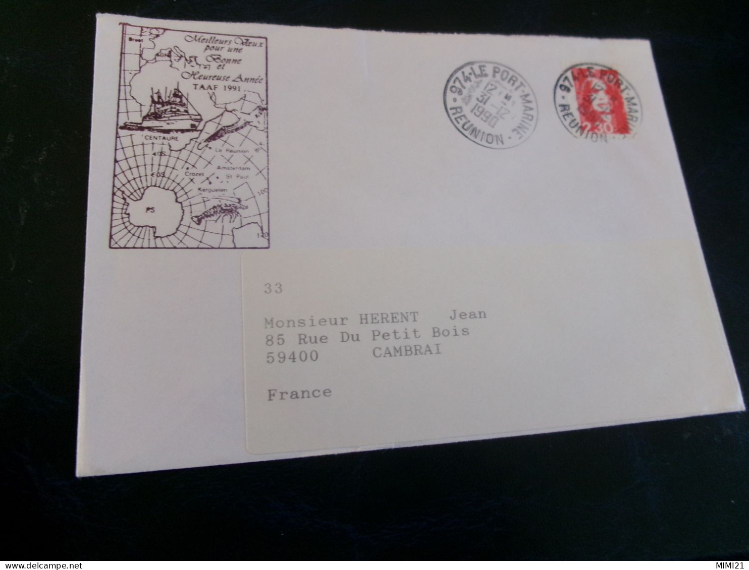 BELLE ENVELOPPE "MEILLEURS VOEUX DES TAAF 19914"..CACHET LA REUNION 31-12-1990 - Briefe U. Dokumente