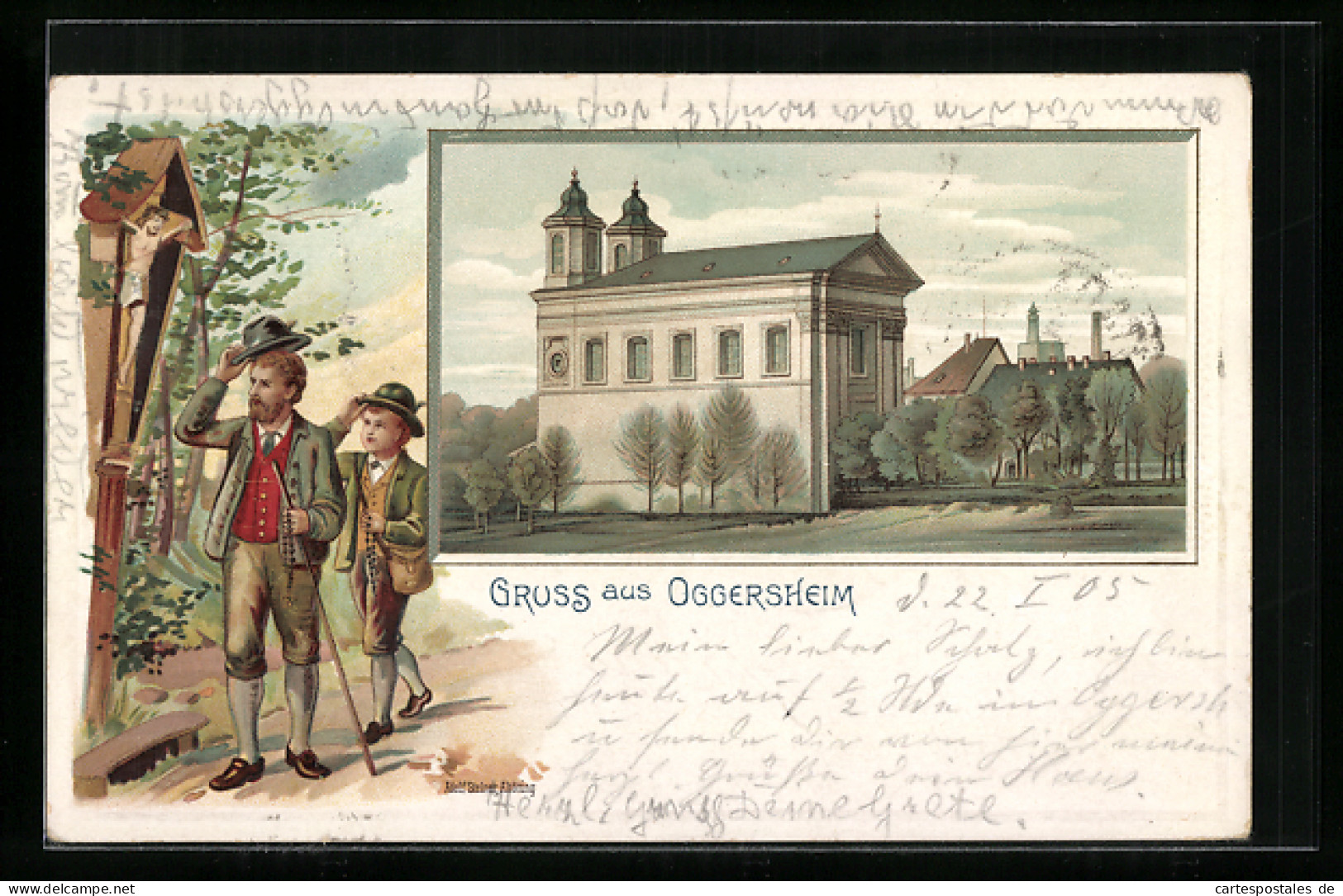 Lithographie Oggersheim, Kirche, Wanderer Am Wegekreuz  - Autres & Non Classés
