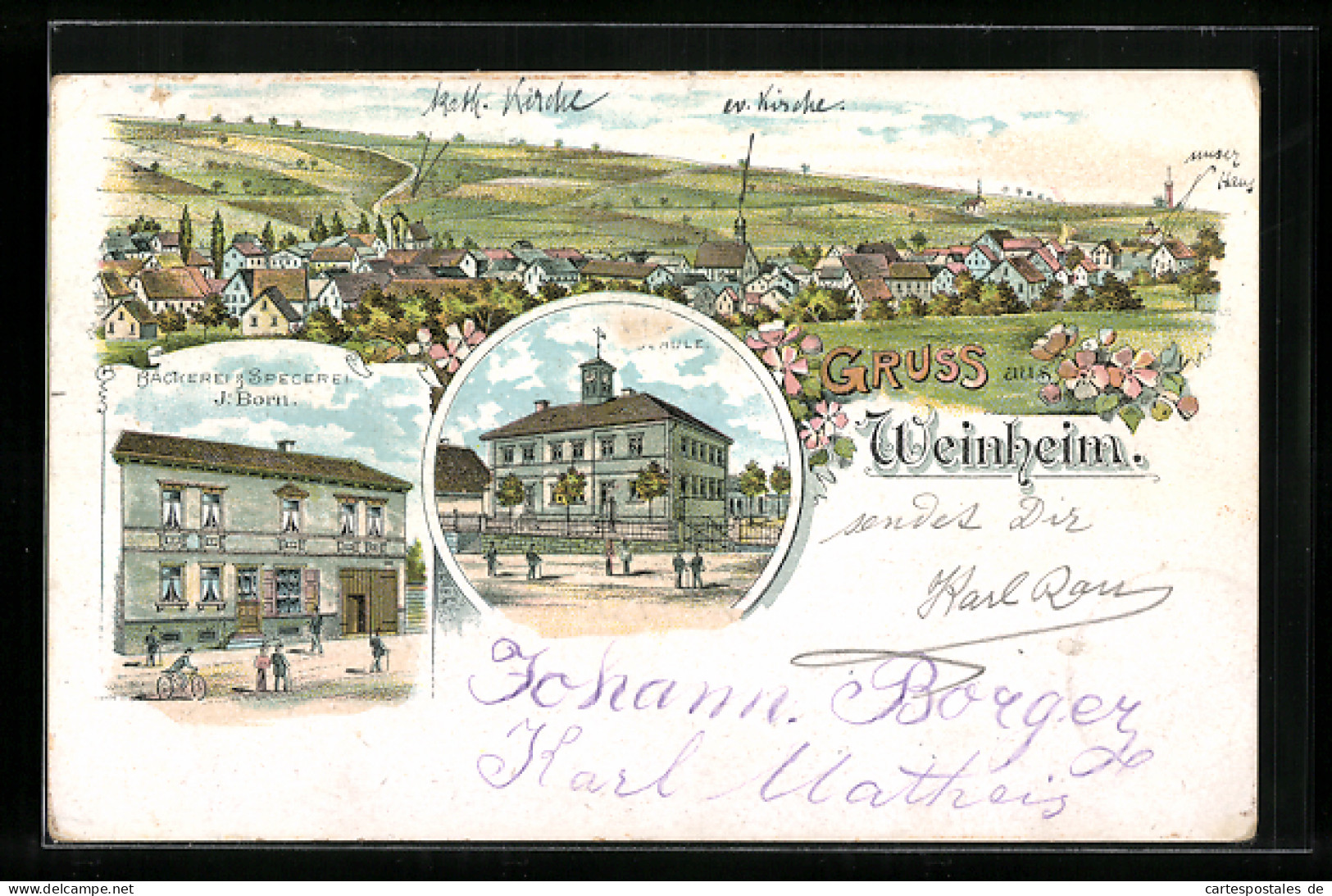 Lithographie Weinheim, Gesamtansicht, Bäckerei Specerei J. Born, Schule  - Weinheim