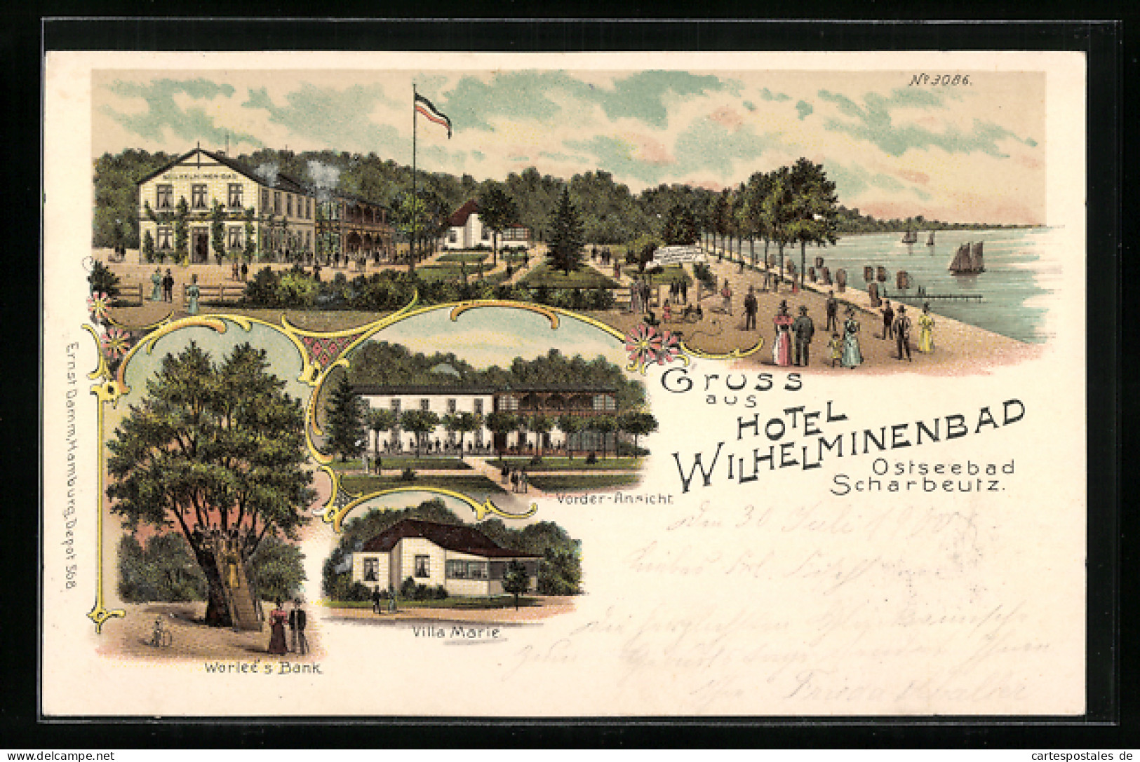 Lithographie Scharbeutz, Hotel Wilhelminenbad, Villa Marie, Worlees Bank  - Scharbeutz