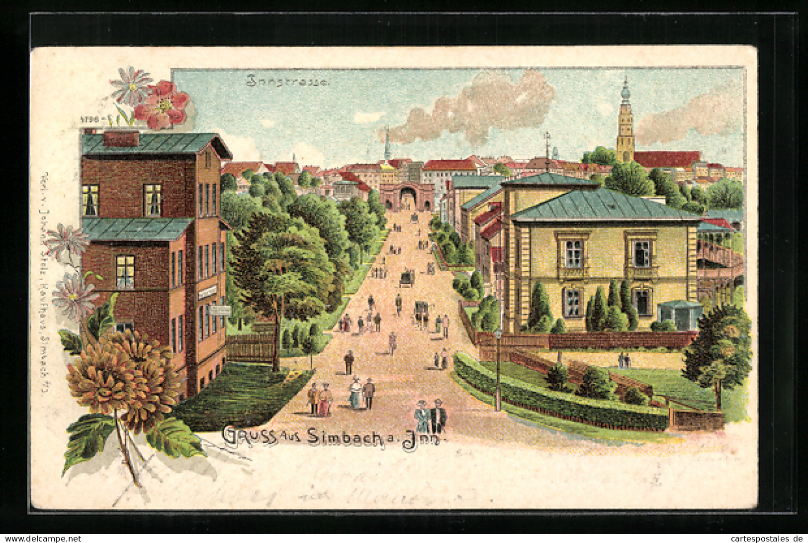 Lithographie Simbach A. Inn, Innstrasse Mit Passanten  - Simbach