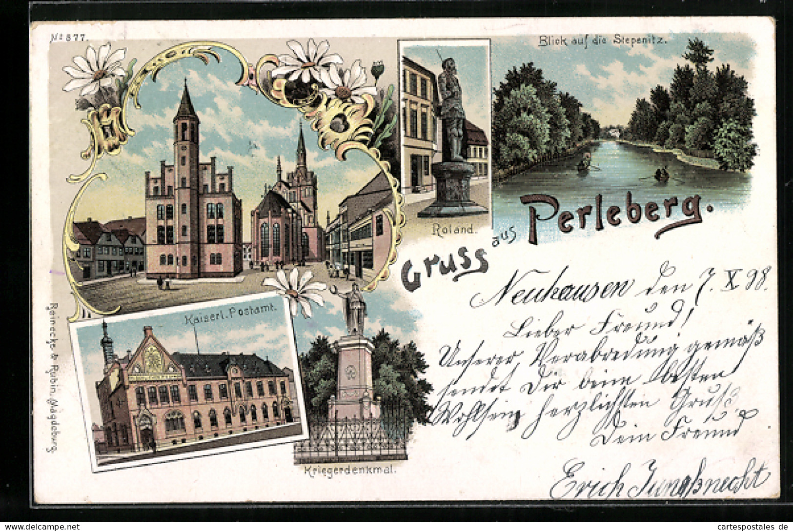 Lithographie Perleberg, Kaiserl. Postamt, Kriegerdenkmal, Stepenitzpartie  - Perleberg