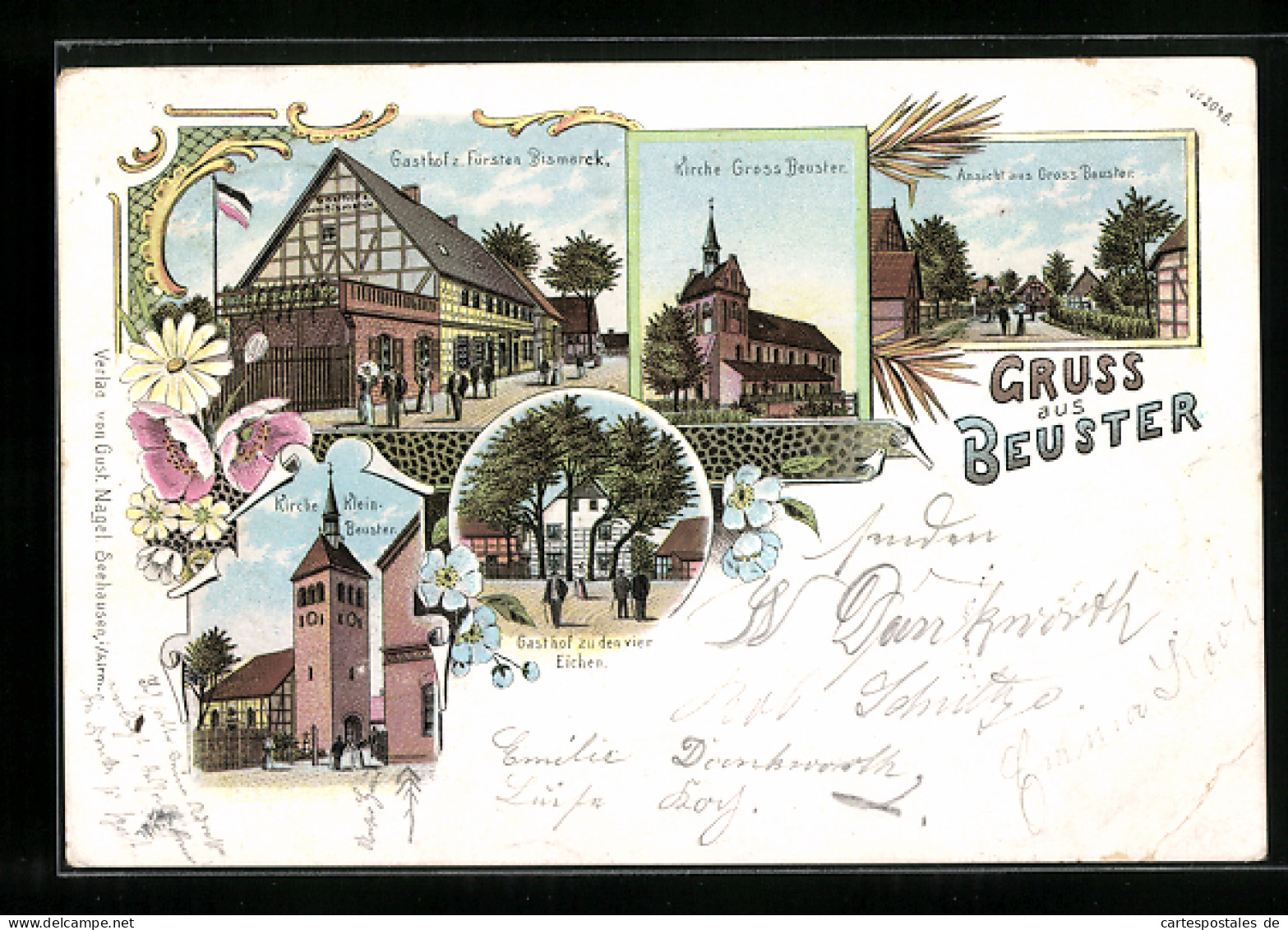 Lithographie Beuster, Gasthof Zum Fürsten Bismarck, Gasthof Zu Den Vier Eichen, Kirche Gross-Beuster  - Other & Unclassified