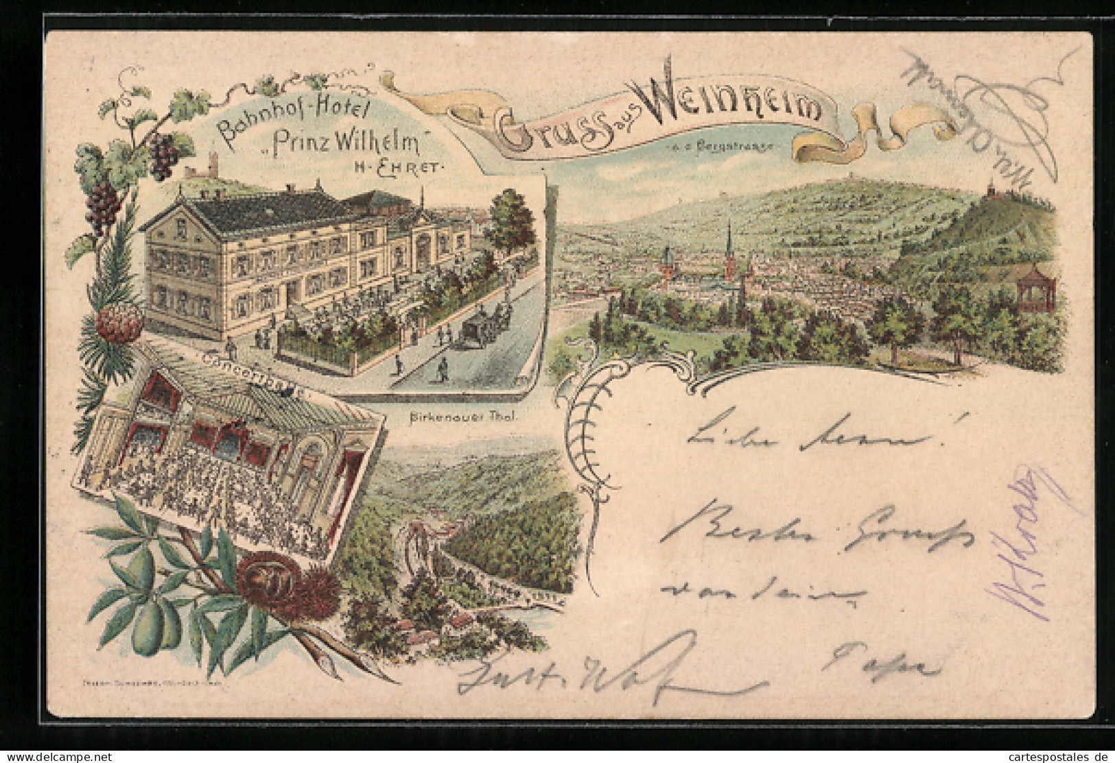 Lithographie Weinheim / Bergstrasse, Bahnhof-Hotel Prinz Wilhelm, Ortsansicht  - Weinheim