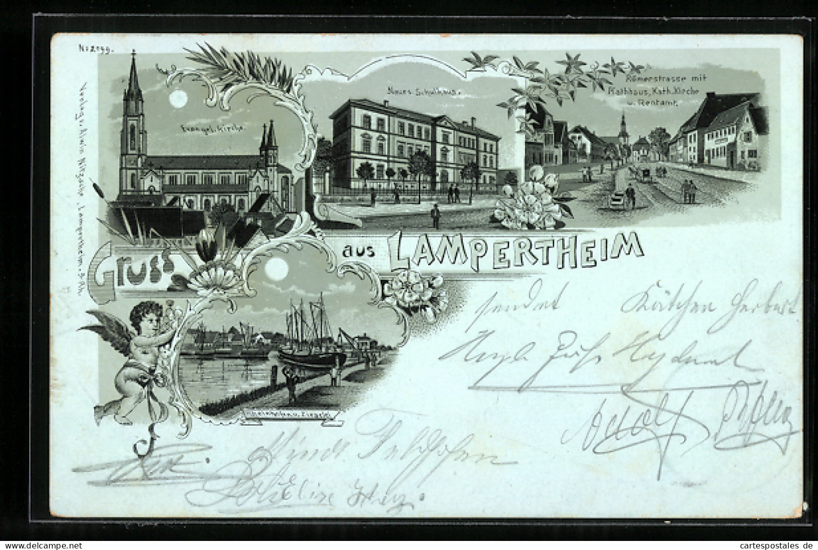 Mondschein-Lithographie Lampertheim, Rheinhafen Und Ziegelei, Ev. Kirche, Neues Schulhaus, Römerstrasse  - Lampertheim