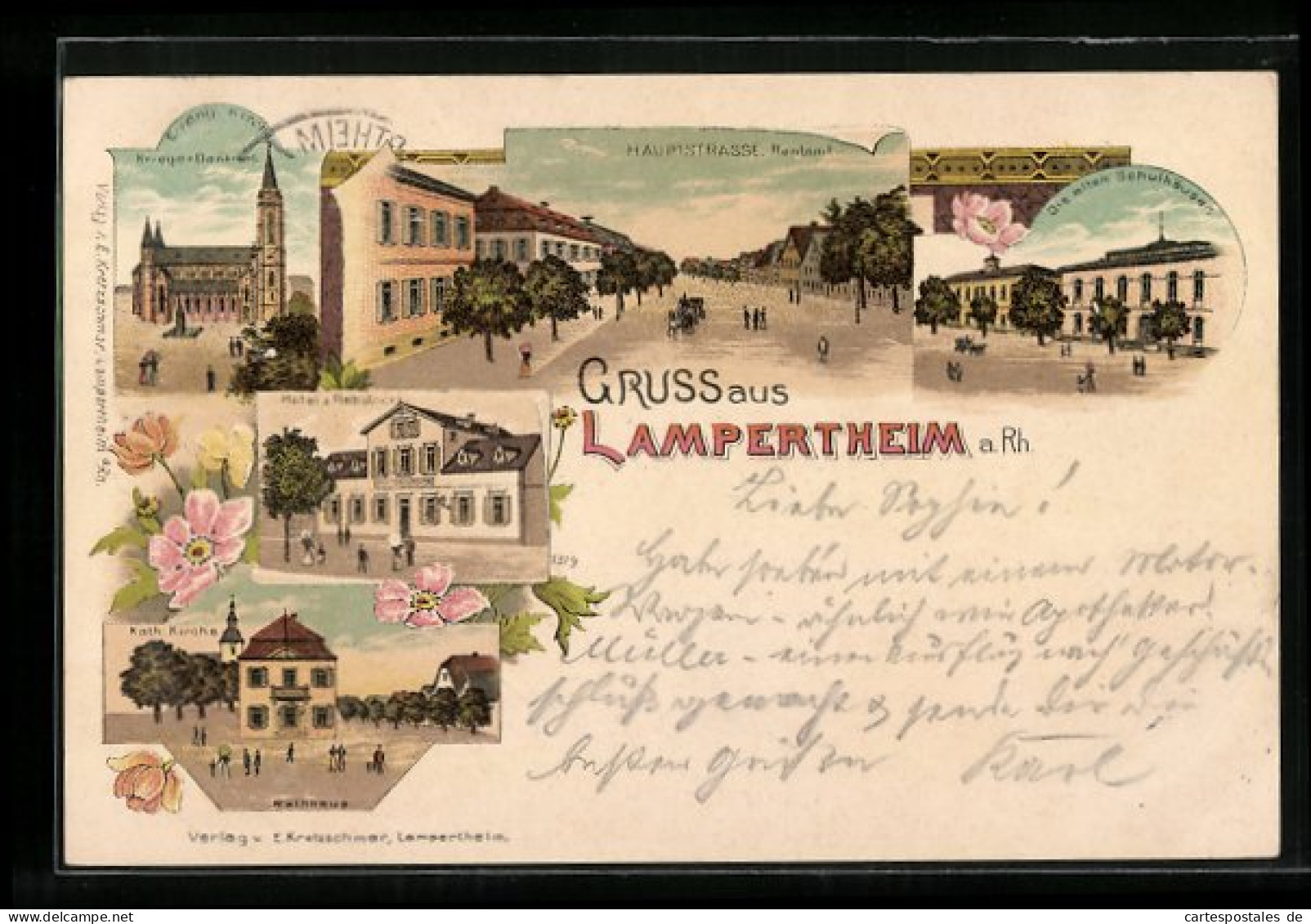 Lithographie Lampertheim A. Rh., Hauptstrasse, Hotel Z. Rebstock, Kriegerdenkmal, Rathaus  - Lampertheim