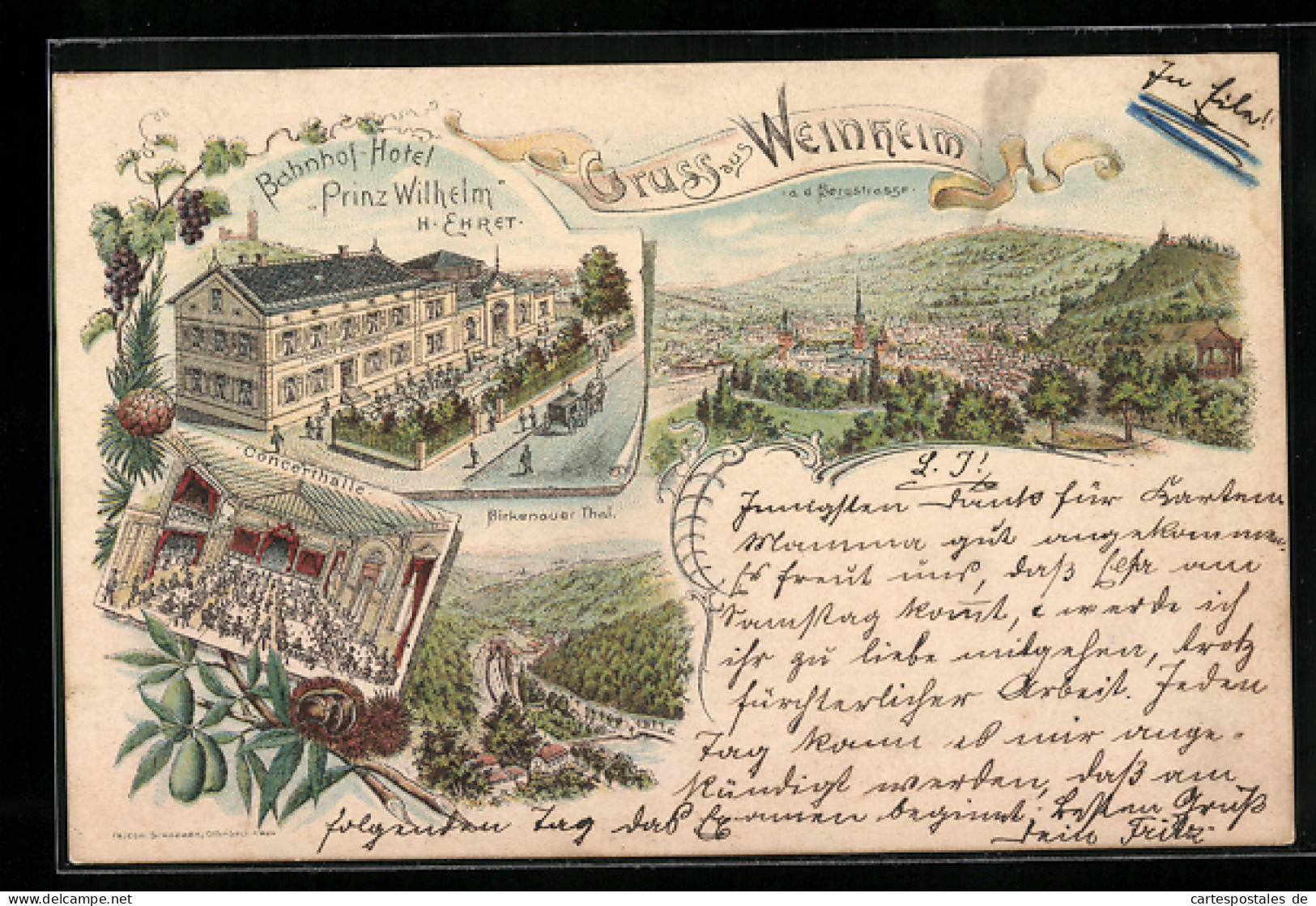 Lithographie Weinheim A. D. Bergstrasse, Bahnhof-Hotel Prinz Wilhelm Von H. Ehret, Panorama  - Weinheim