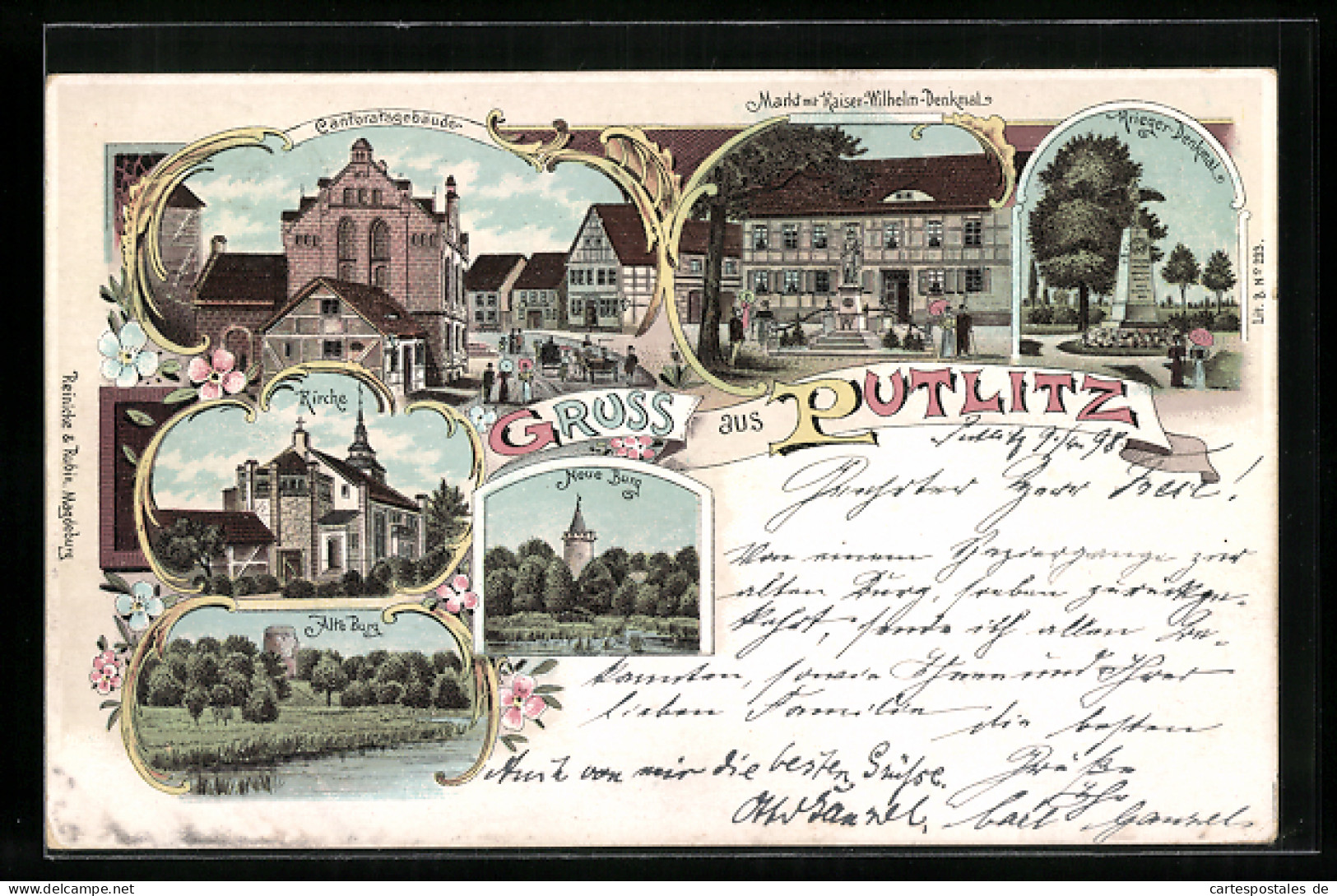 Lithographie Putlitz, Cantoratsgebäude, Markt Mit Kaiser-Wilhelm-Denkmal, Kirche  - Putlitz