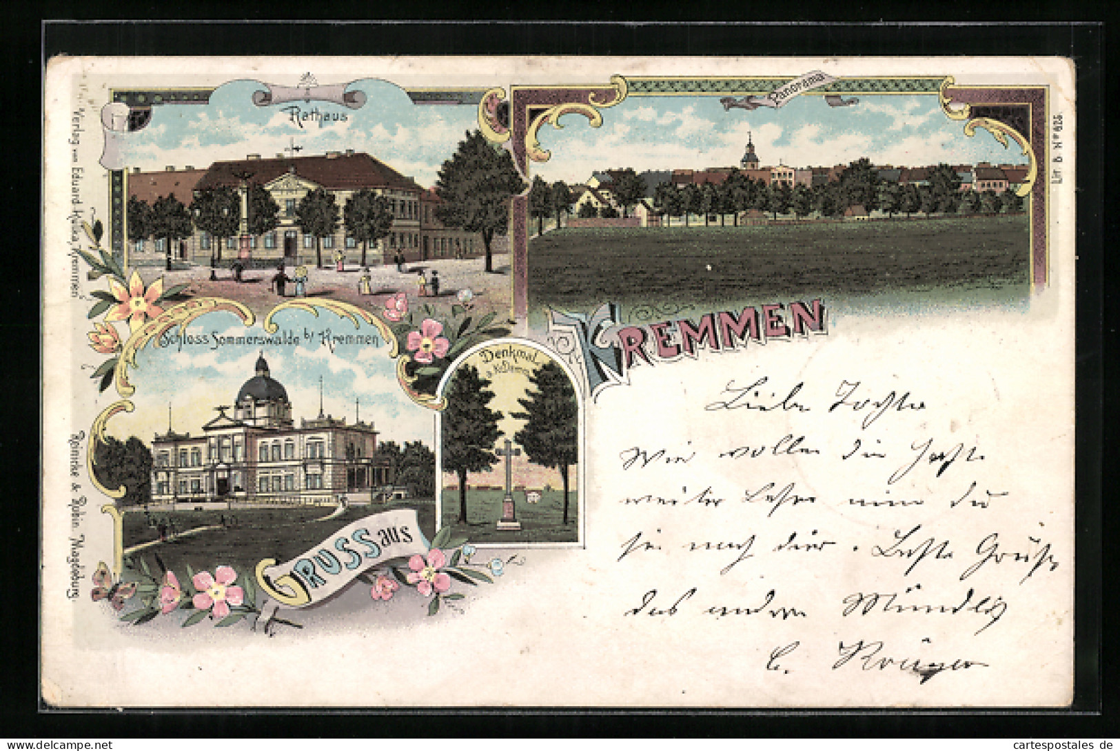 Lithographie Kremmen, Rathaus, Schloss Sommerswalde, Panorama  - Kremmen