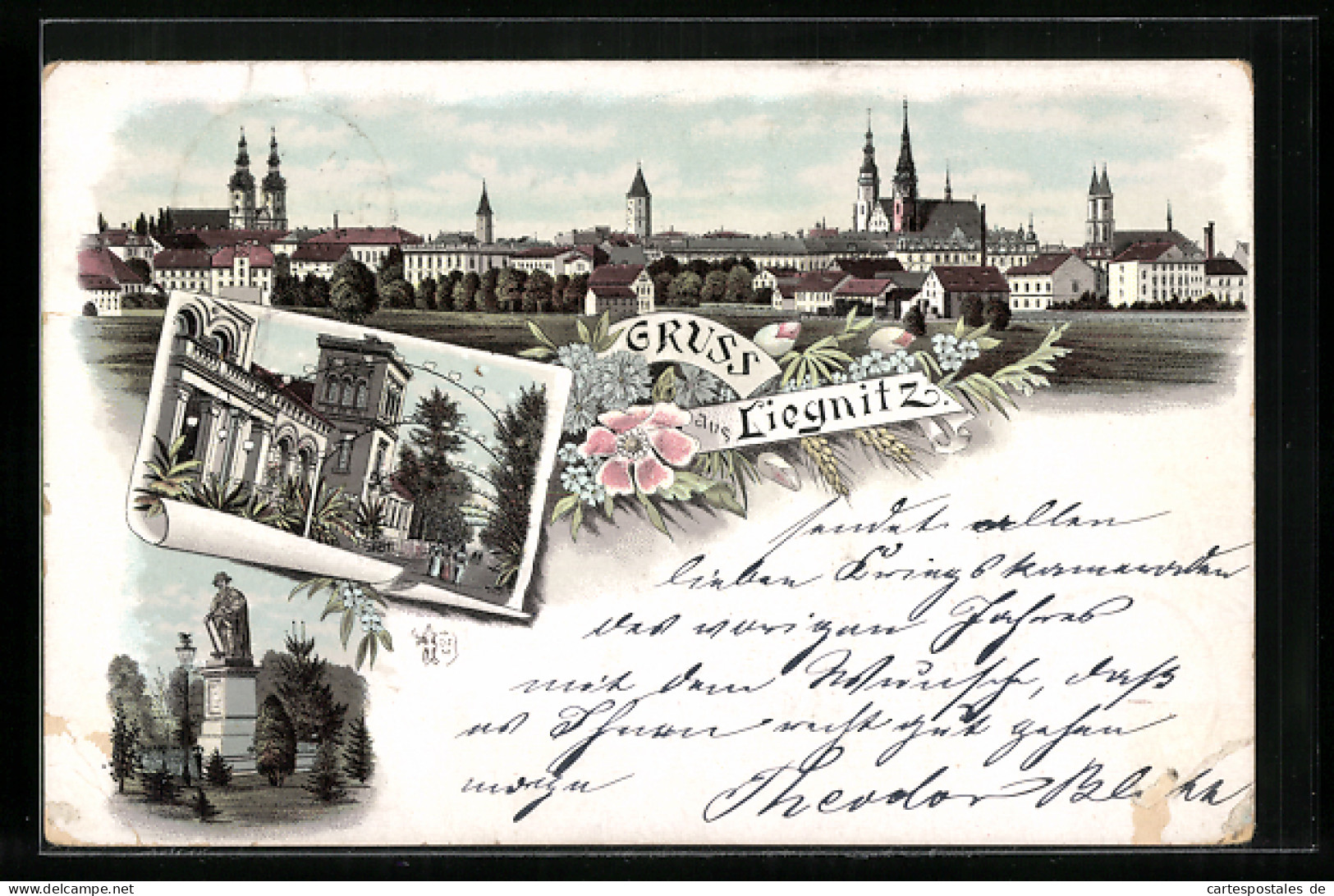 Vorläufer-Lithographie Liegnitz, 1895, Gesamtansicht, Kurhaus  - Schlesien