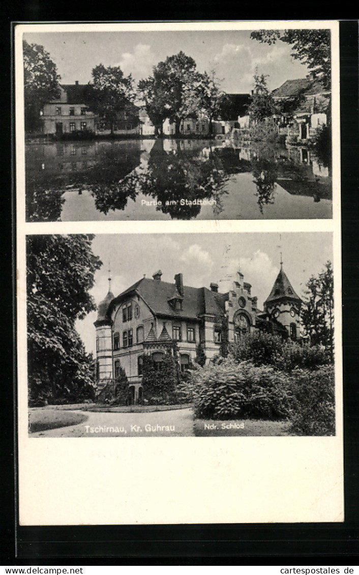 AK Tschirnau Kreis Guhrau, Partie Am Stadtteich, Ndr. Schloss  - Schlesien