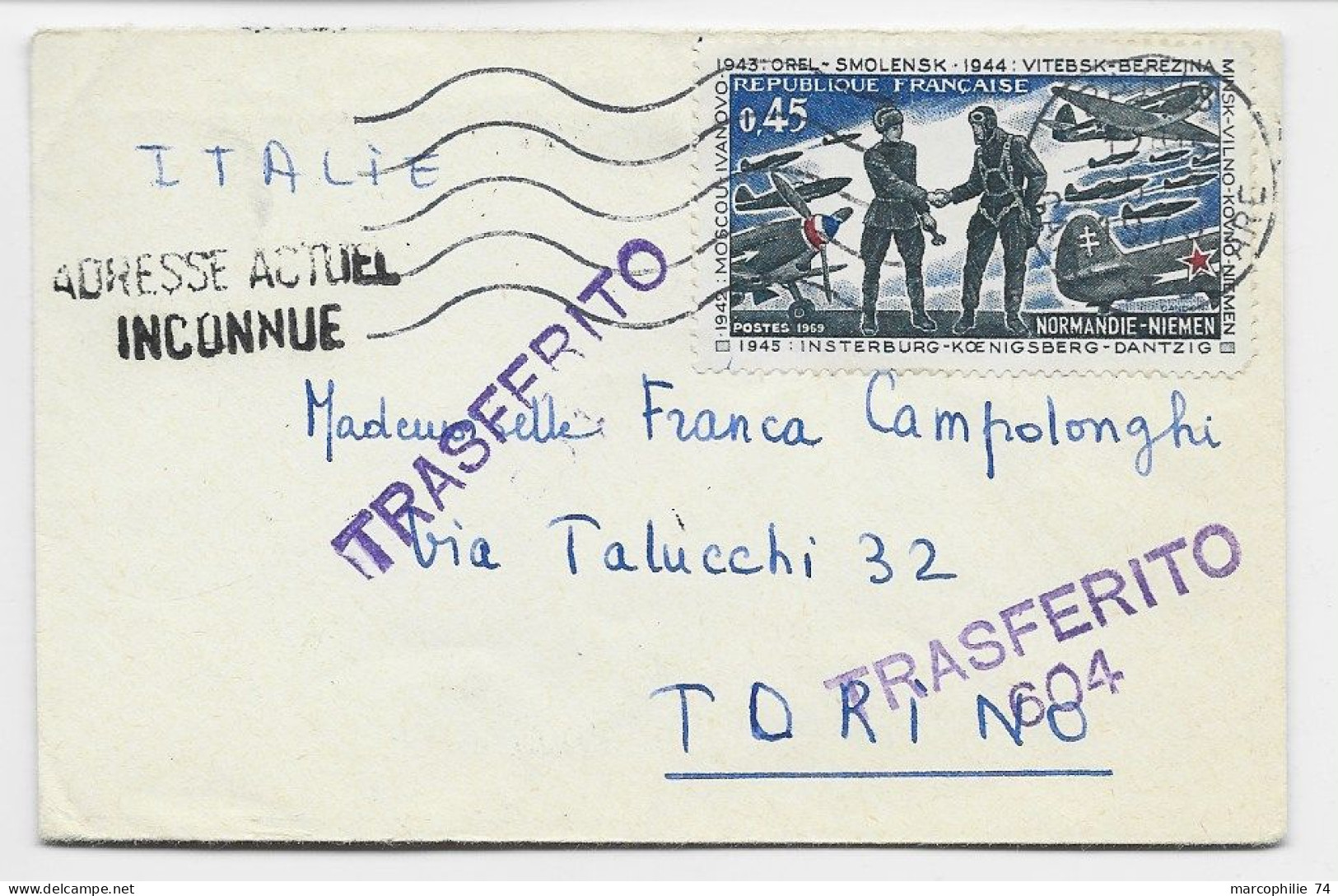 FRANCE 45C NORMANDIE NIEMENN SEUL MIGNONNETTE PARIS 1970 POUR TORINO ITALIE + TRASFERITO 604 - 1961-....