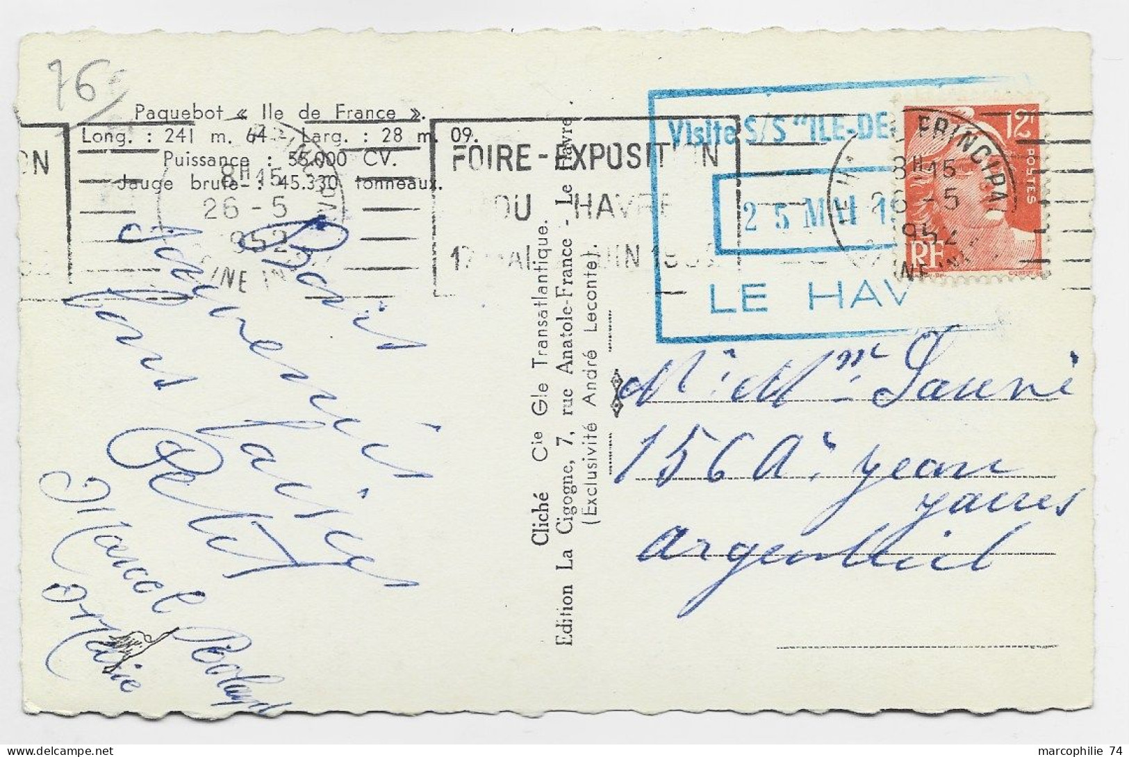 GANDON 12FR ORANGE CARTE PAQUEBOT ILE DE FRANCE RECTANGLE TURQUOISE VISITE LE HAVRE 1952 - Correo Marítimo