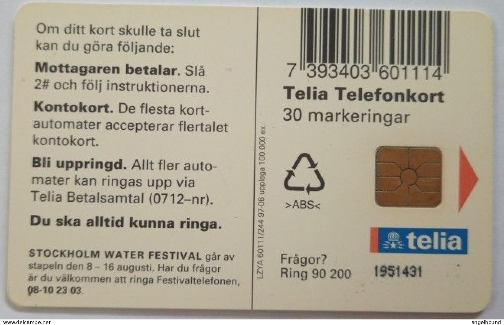 Sweden 30Mk. Chip Card - Water Festival 1997 - And Vatten Festivalen 1997 - Suède