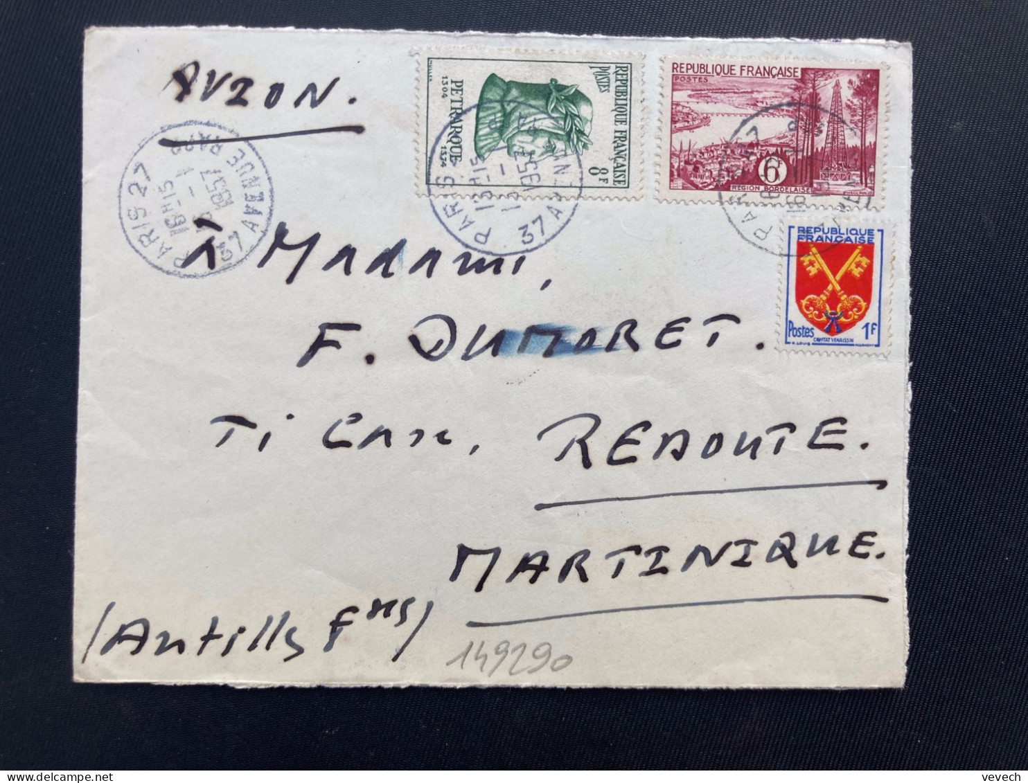 LETTRE Par Avion Pour La MARTINIQUE (REDOUTE) TP PETRARQUE 8F+ BORDELAISE 6F+ COMTAT VENAISSIN 1F OBL.16-1 1957 PARIS 27 - 1921-1960: Période Moderne