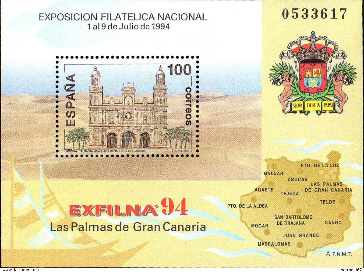 Espagne Bloc N** Yv: 61 Mi:55 Ed:3313 Exposicion Filatelica Exfilna'94 Las Palmas (Thème) - Eglises Et Cathédrales