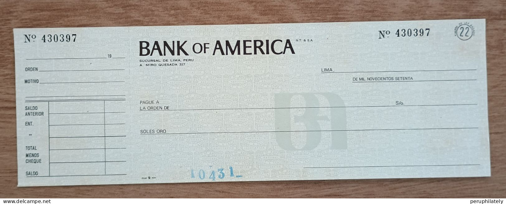 Peru Bank Check , Bank Of America , Branch Lima - Pérou