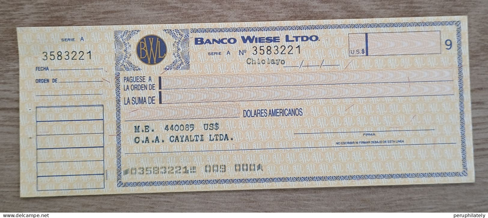 Peru Bank Check , Banco Wiese Ltdo , Chiclayo , Rare - Perù