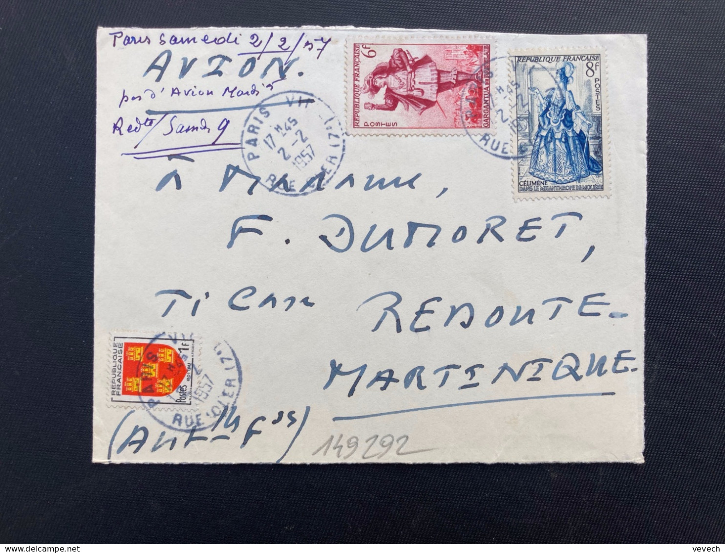 LETTRE Par Avion Pour La MARTINIQUE (REDOUTE) TP CELIMENE 8F + GARGANTUA 6F + POITOU 1F OBL.2-2 1957 PARIS VII - 1921-1960: Modern Period